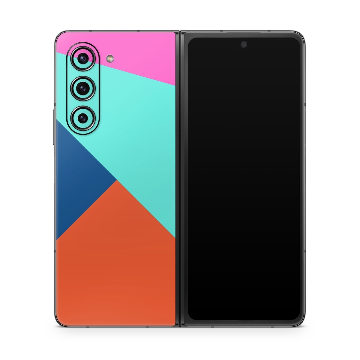Samsung Galaxy Z Fold5 Skin design of Blue, Colorfulness, Turquoise, Line, Azure, Triangle, Pattern, Graphic design, Magenta, with blue, pink, orange, red colors