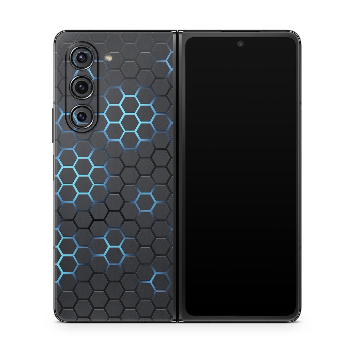 Samsung Galaxy Z Fold5 Skin design of Pattern, Water, Design, Circle, Metal, Mesh, Sphere, Symmetry, with black, gray, blue colors