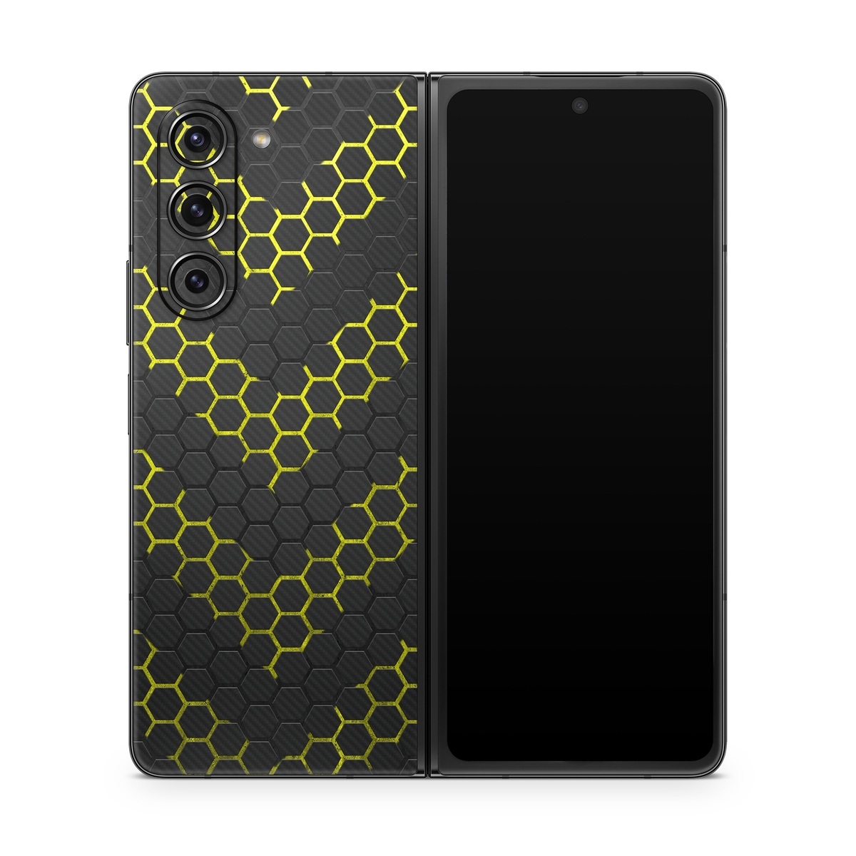 Samsung Galaxy Z Fold5 Skin design of Black, Pattern, Yellow, Mesh, Net, Chain-link fencing, Design, Metal, with black, gray, yellow colors