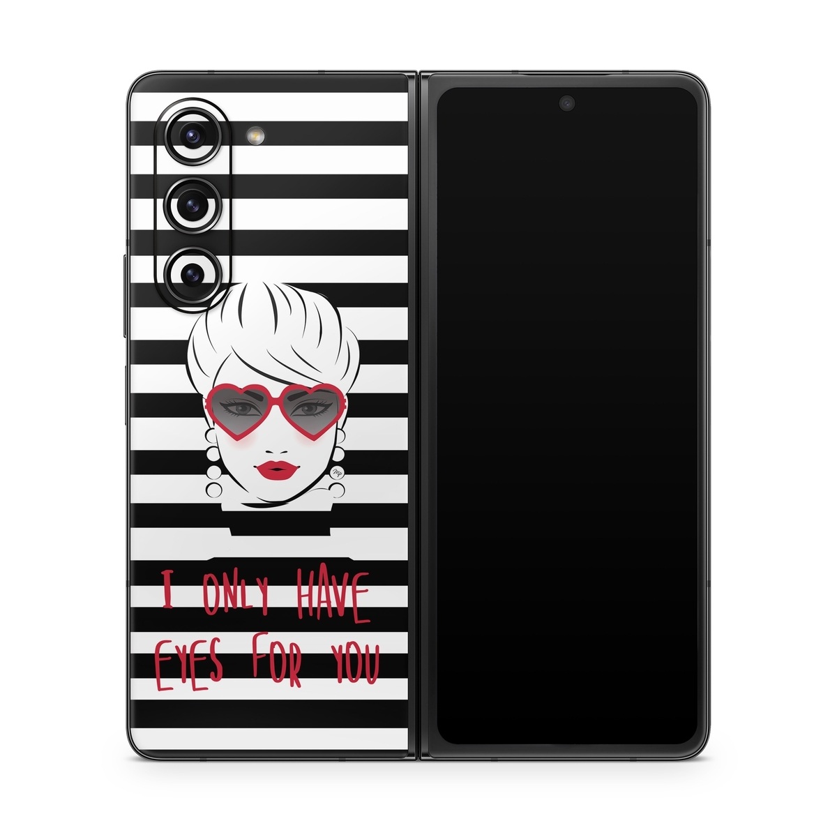 Samsung Galaxy Z Fold5 Skin design of Rectangle, Font, Gesture, Eyewear, Art, Technology, Personal protective equipment, Goggles, Logo, Eyelash, with black, white, yellow, red colors