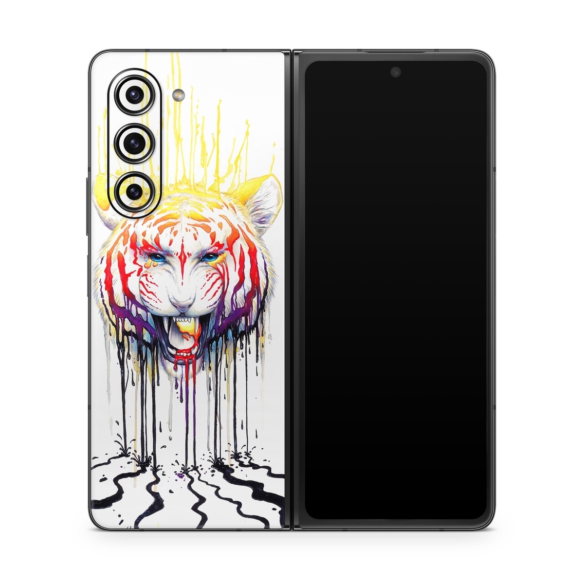 Samsung Galaxy Z Fold5 Skin design of Jaw, Roar, Organism, Gesture, Art, Font, Felidae, Painting, Illustration, Drawing, with white, black, yellow, red, orange, purple colors