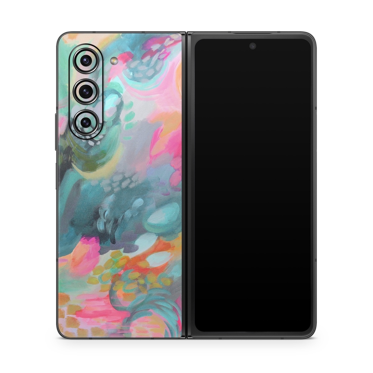 Samsung Galaxy Z Fold5 Skin design of Painting, Acrylic paint, Modern art, Art, Pink, Visual arts, Watercolor paint, Pattern, Illustration, Paint, with blue, pink, orange, yellow, green, purple colors