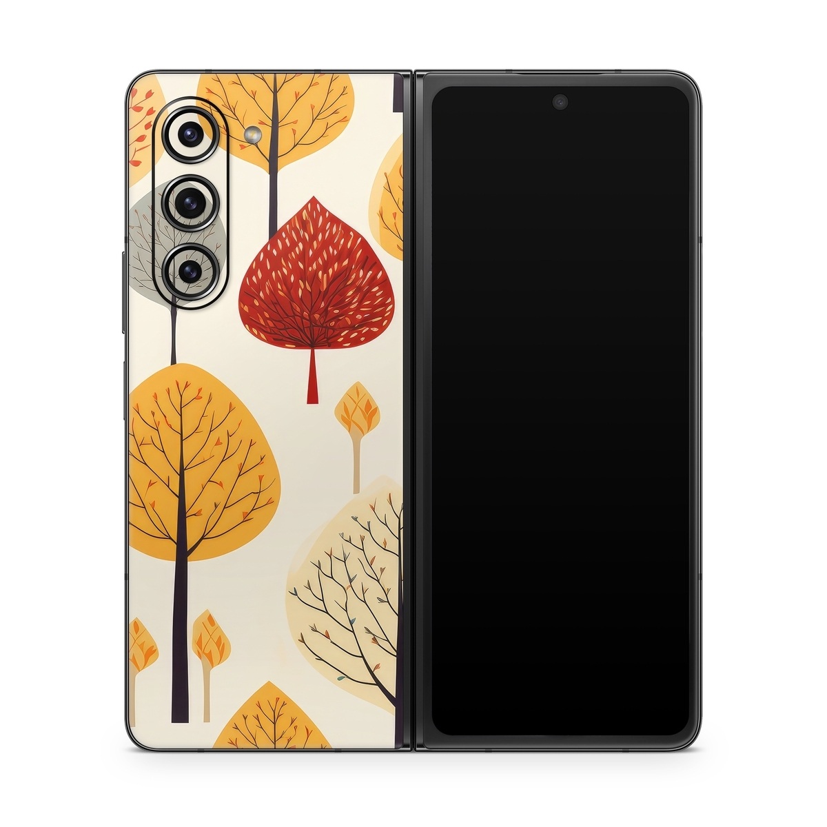 Samsung Galaxy Z Fold5 Skin design of Plant, Leaf, Botany, Nature, Organism, Yellow, Tree, Woody plant, Terrestrial plant, Adaptation, with yellow, orange, red, black, brown colors