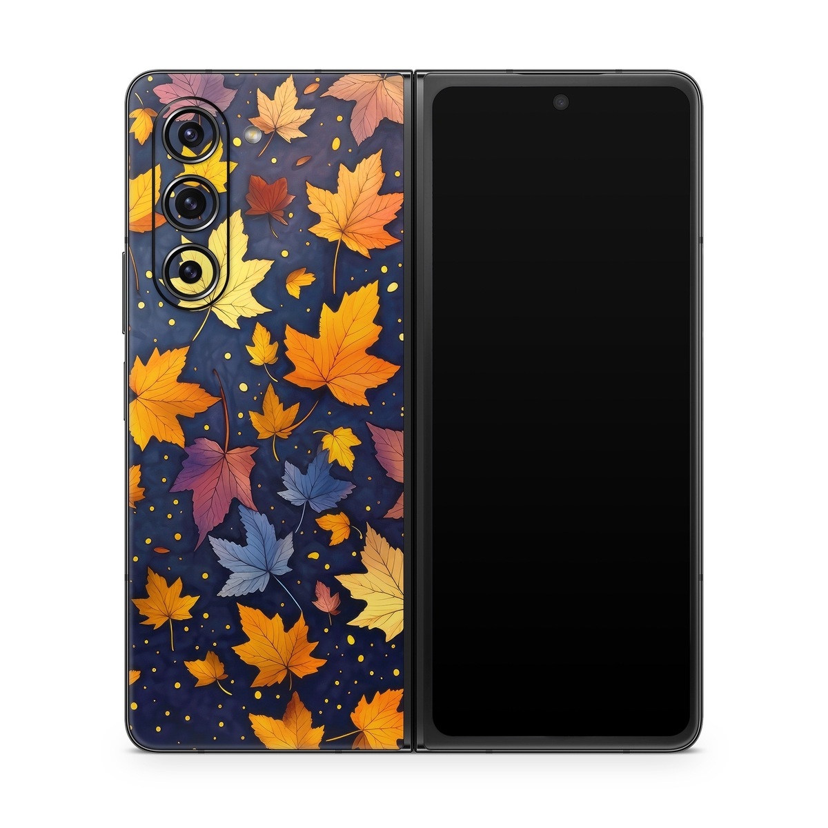Samsung Galaxy Z Fold5 Skin design of Orange, Line, Pattern, Electric blue, Symmetry, Groundcover, Flowering plant, Design, Flower, Art, with yellow, orange, red, black, blue, purple colors