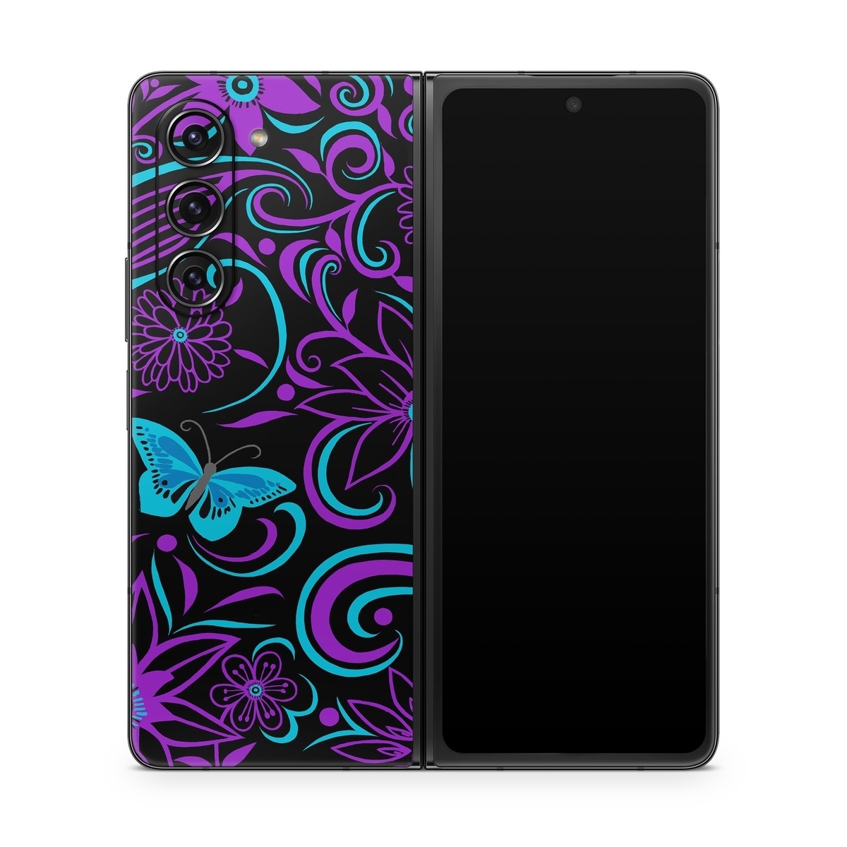 Samsung Galaxy Z Fold5 Skin design of Pattern, Purple, Violet, Turquoise, Teal, Design, Floral design, Visual arts, Magenta, Motif, with black, purple, blue colors