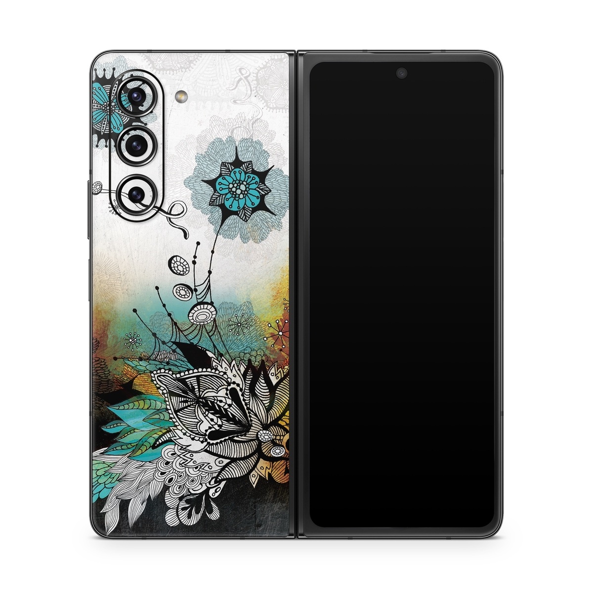 Samsung Galaxy Z Fold5 Skin design of Graphic design, Illustration, Art, Design, Visual arts, Floral design, Font, Graphics, Modern art, Painting, with black, gray, red, green, blue colors