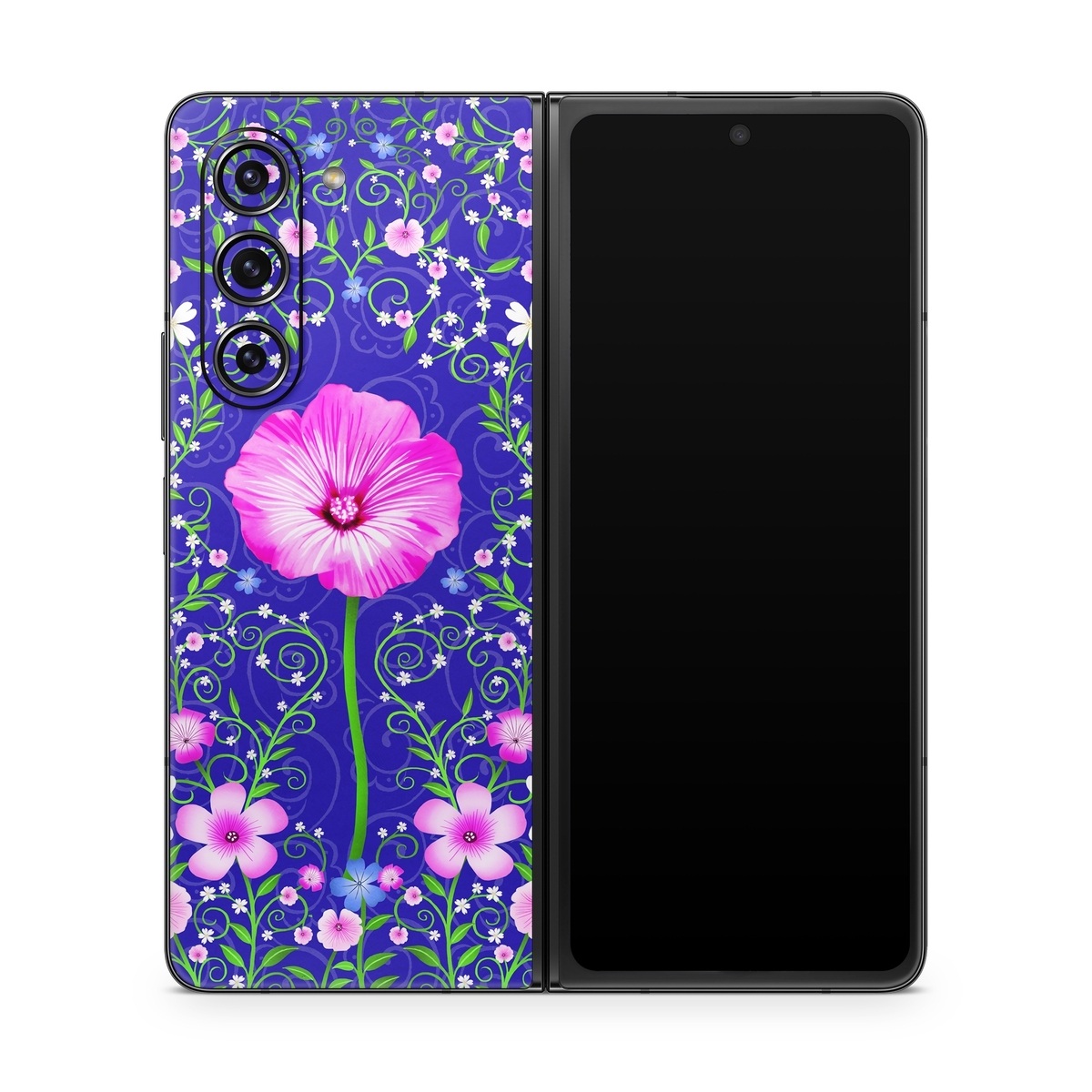 Samsung Galaxy Z Fold5 Skin design of Purple, Violet, Flower, Plant, Wildflower, Pattern, Petal, Design, Graphics, Morning glory, with blue, purple, pink, green, white, yellow colors