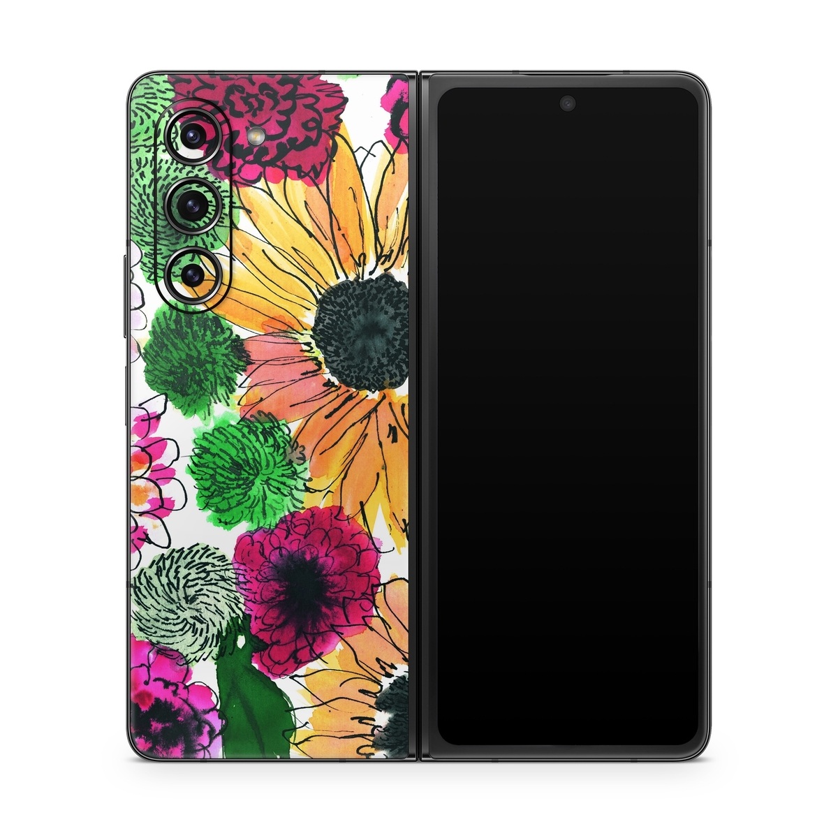 Samsung Galaxy Z Fold5 Skin design of Flower, Floral design, Plant, Gazania, african daisy, Petal, Pattern, Botany, Wildflower, Design, with red, yellow, green, pink, black colors