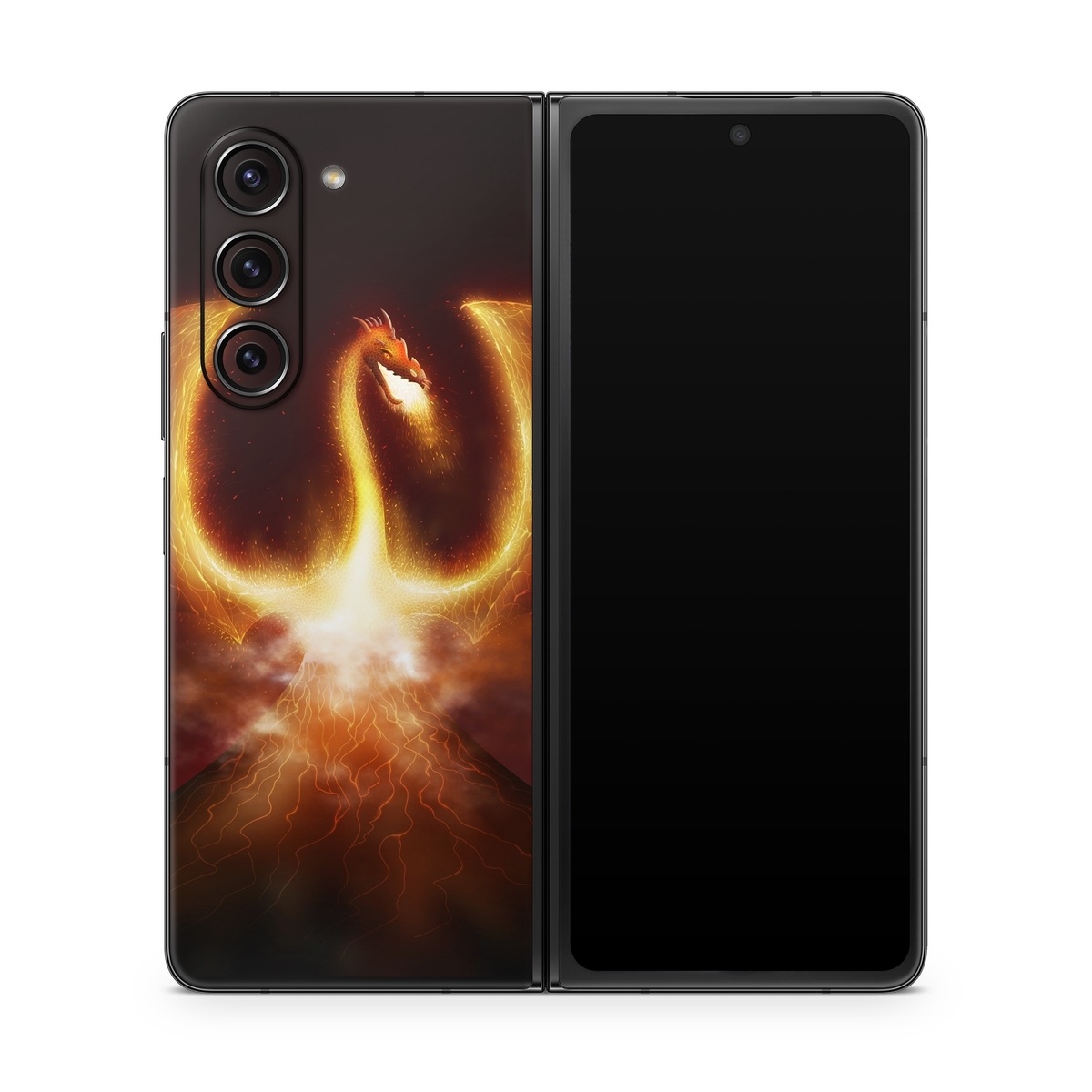 Samsung Galaxy Z Fold5 Skin design of Light, Atmosphere, Orange, Space, Heat, Sky, Darkness, Art, Geological phenomenon, Universe, with black, red, green, pink colors