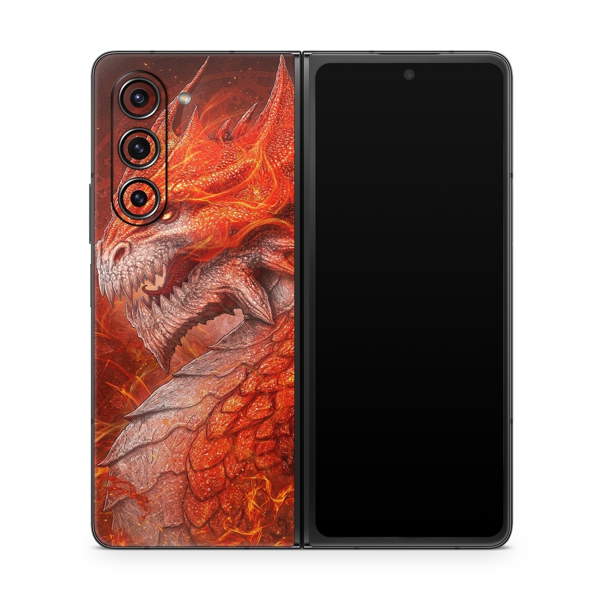 Samsung Galaxy Z Fold5 Skin design of Fictional character, Cg artwork, Illustration, Art, Demon, Geological phenomenon, Mythical creature, Dragon, Cryptid, with red, orange, yellow colors