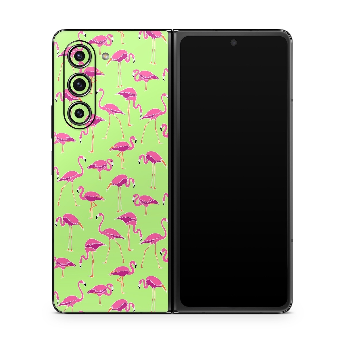 Samsung Galaxy Z Fold5 Skin design of Pink, Green, Red, Pattern, Wrapping paper, Textile, Design, Flamingo, Line, with pink, green colors