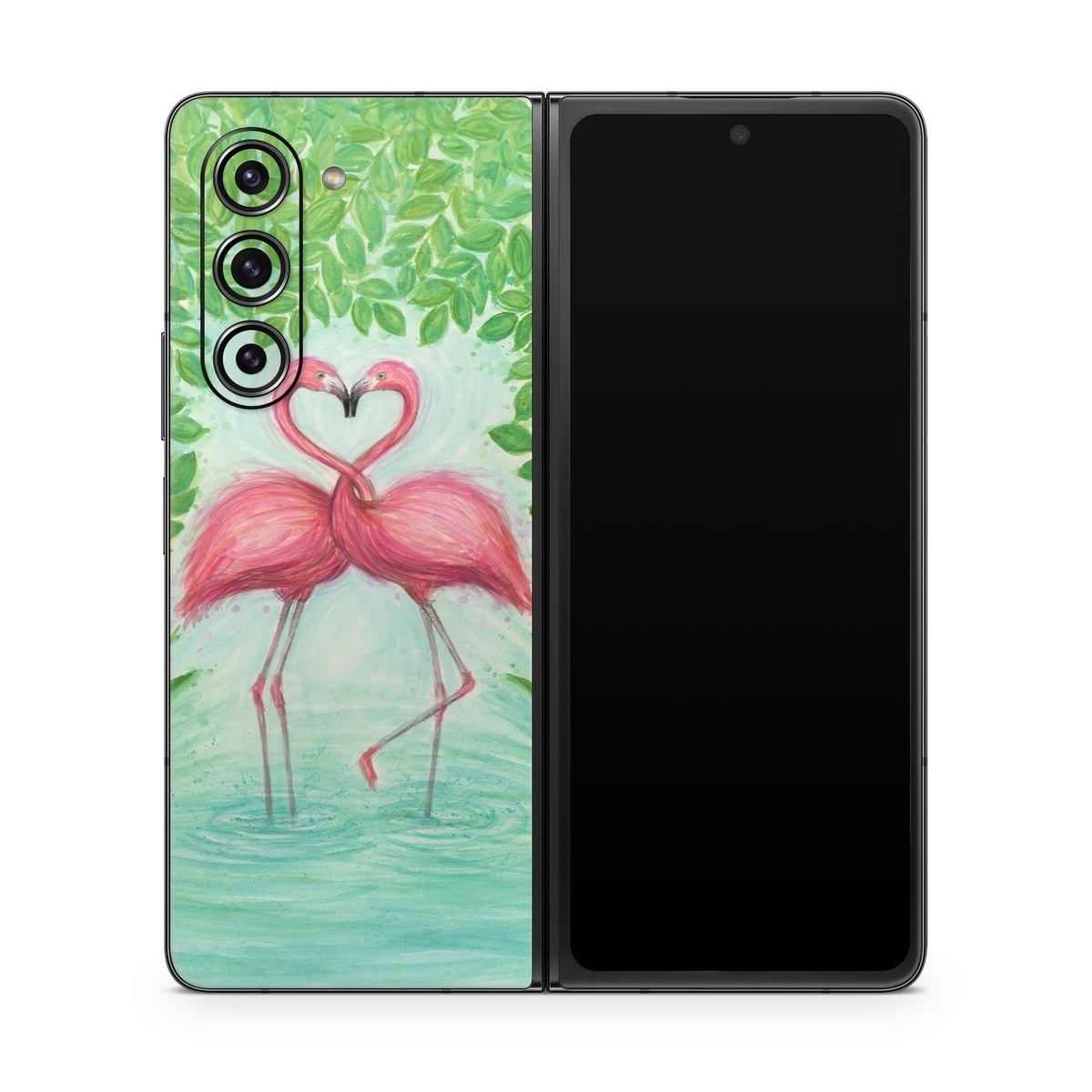 Samsung Galaxy Z Fold5 Skin design of Flamingo, Greater flamingo, Bird, Water bird, Pink, Illustration, Watercolor paint, Organism, Drawing, Stork, with pink, blue, green colors