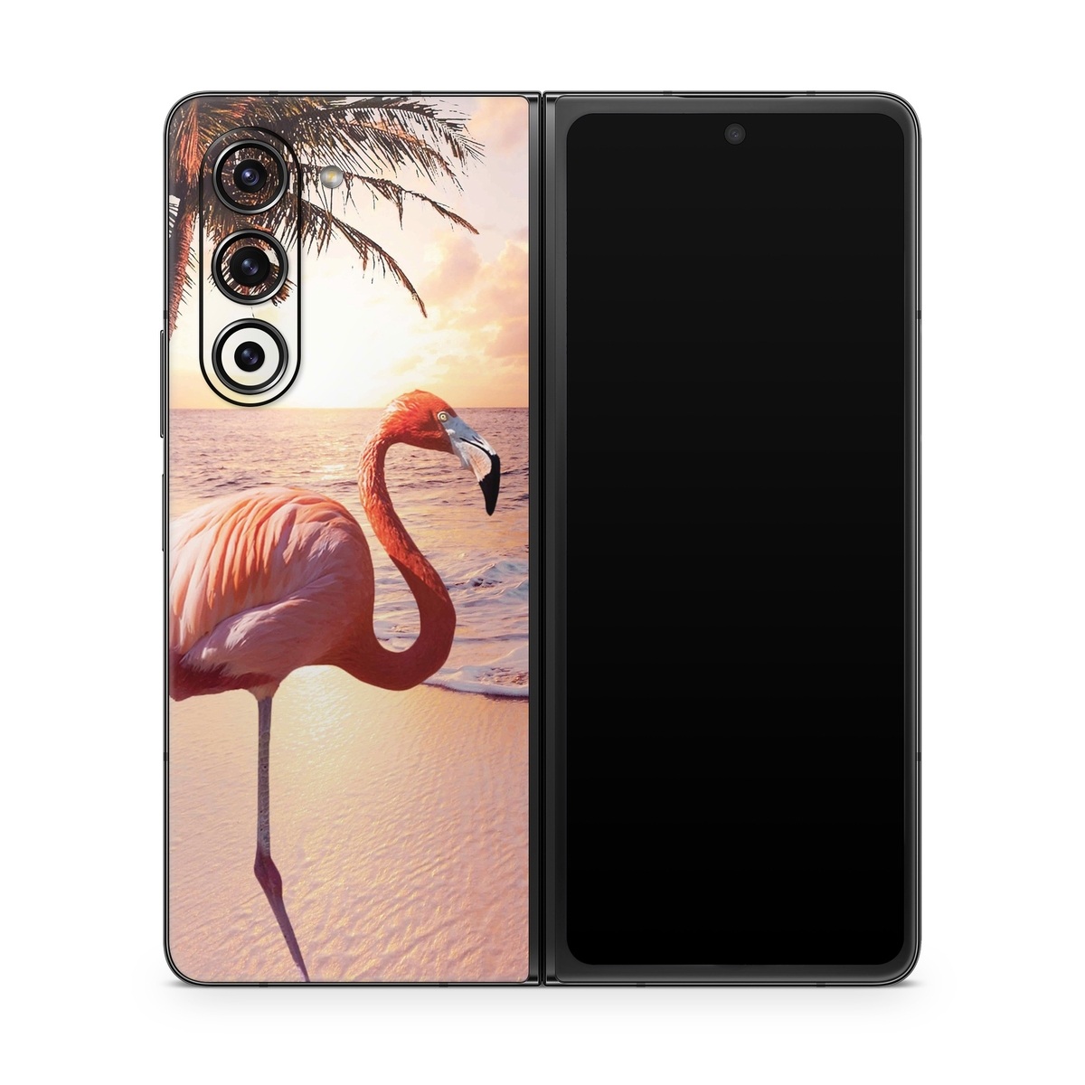 Samsung Galaxy Z Fold5 Skin design of Flamingo, Greater flamingo, Bird, Water bird, Pink, Wildlife, Sky, Tree, Organism, Beak, with pink, blue, green, yellow, white, orange, black colors