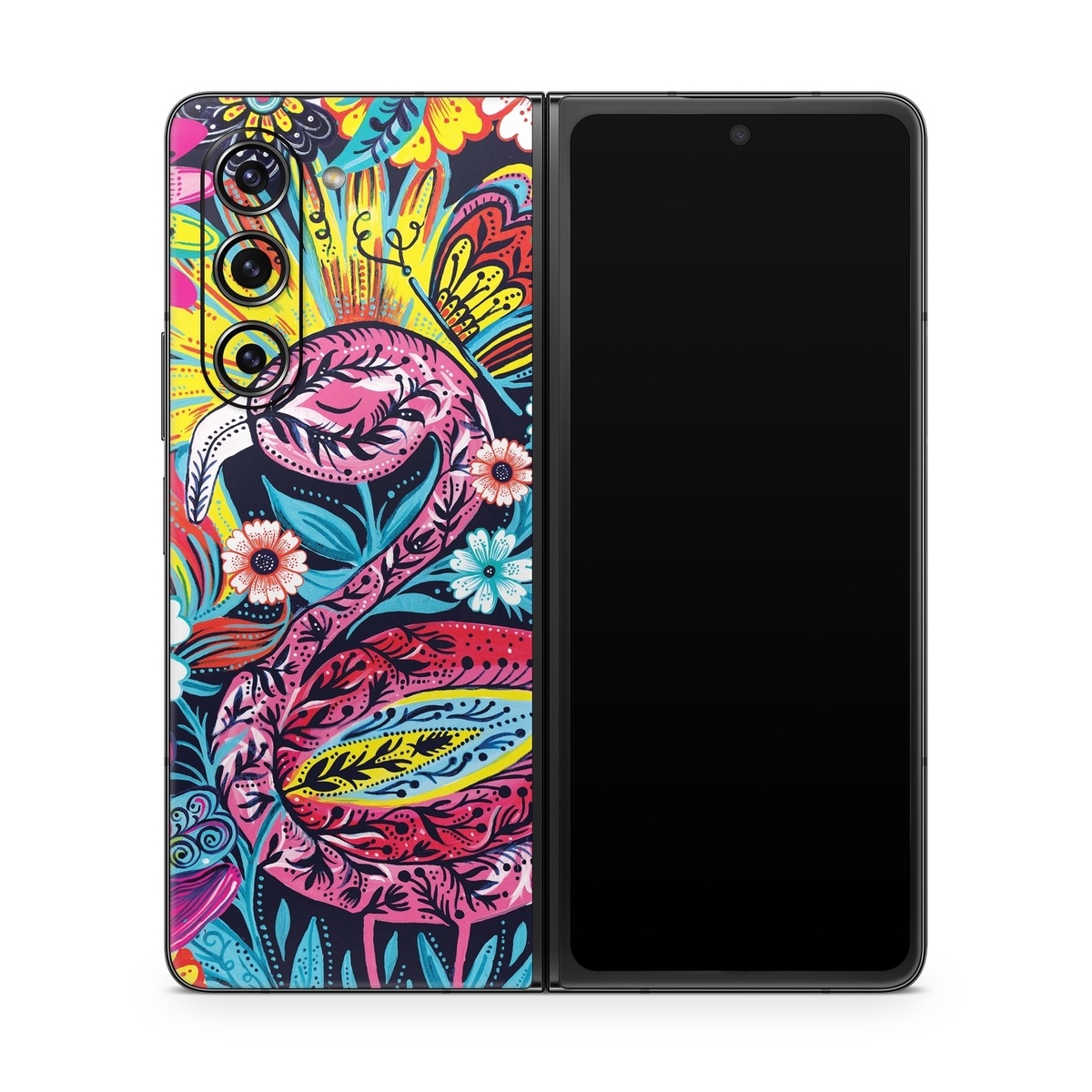 Samsung Galaxy Z Fold5 Skin design of Psychedelic art, Pattern, Visual arts, Art, Design, Textile, Illustration, Plant, Graphic design, Drawing, with pink, yellow, black, blue, white colors