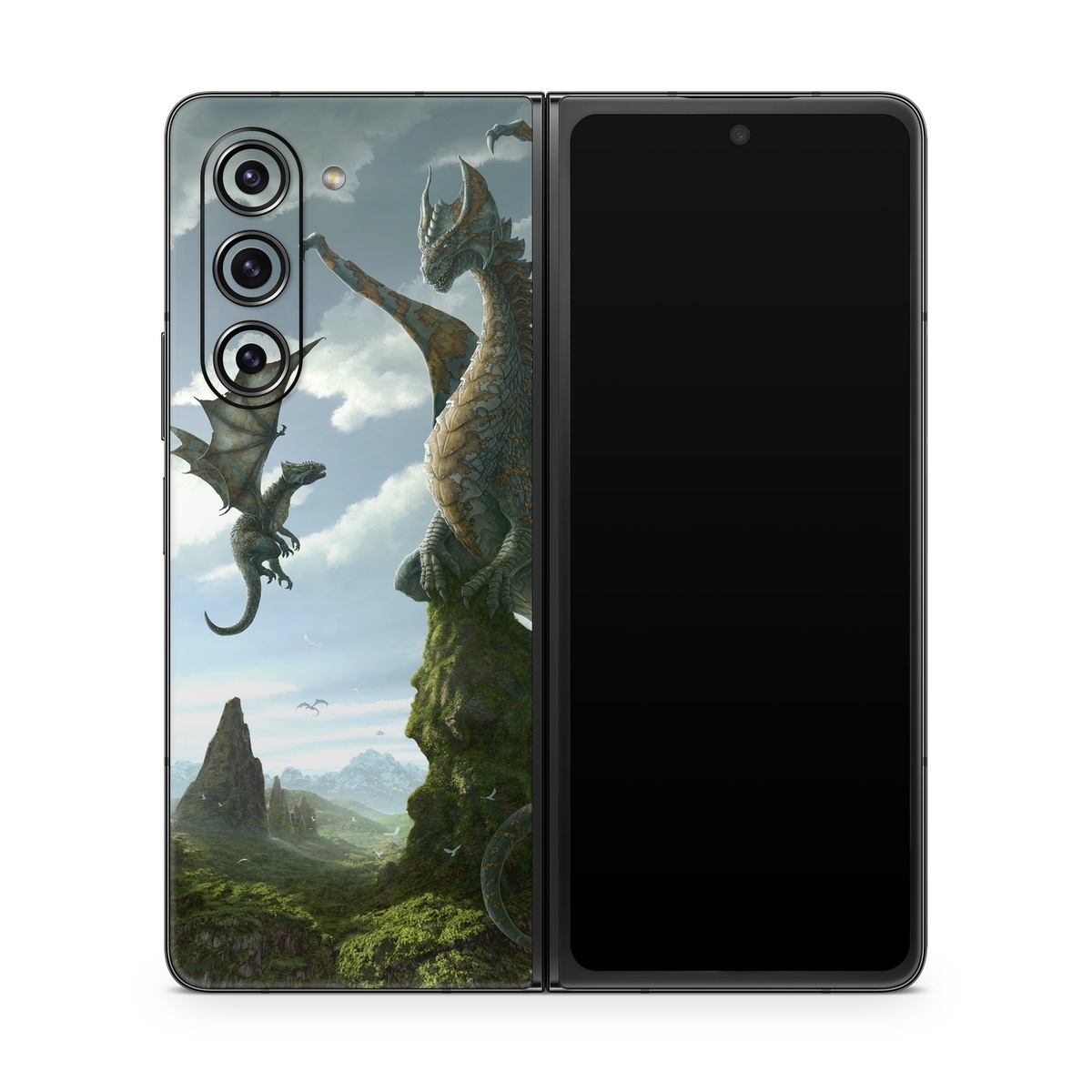 Samsung Galaxy Z Fold5 Skin design of Dragon, Cg artwork, Fictional character, Mythical creature, Mythology, Extinction, Cryptid, Illustration, Games, Massively multiplayer online role-playing game, with black, gray, blue, white, purple colors