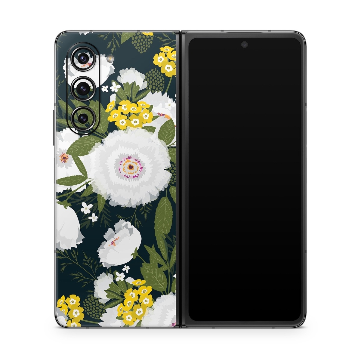 Samsung Galaxy Z Fold5 Skin design of Flower, Flowering plant, Plant, Petal, Daisy, mayweed, Wildflower, Floral design, Annual plant, with green, yellow, white, orange colors