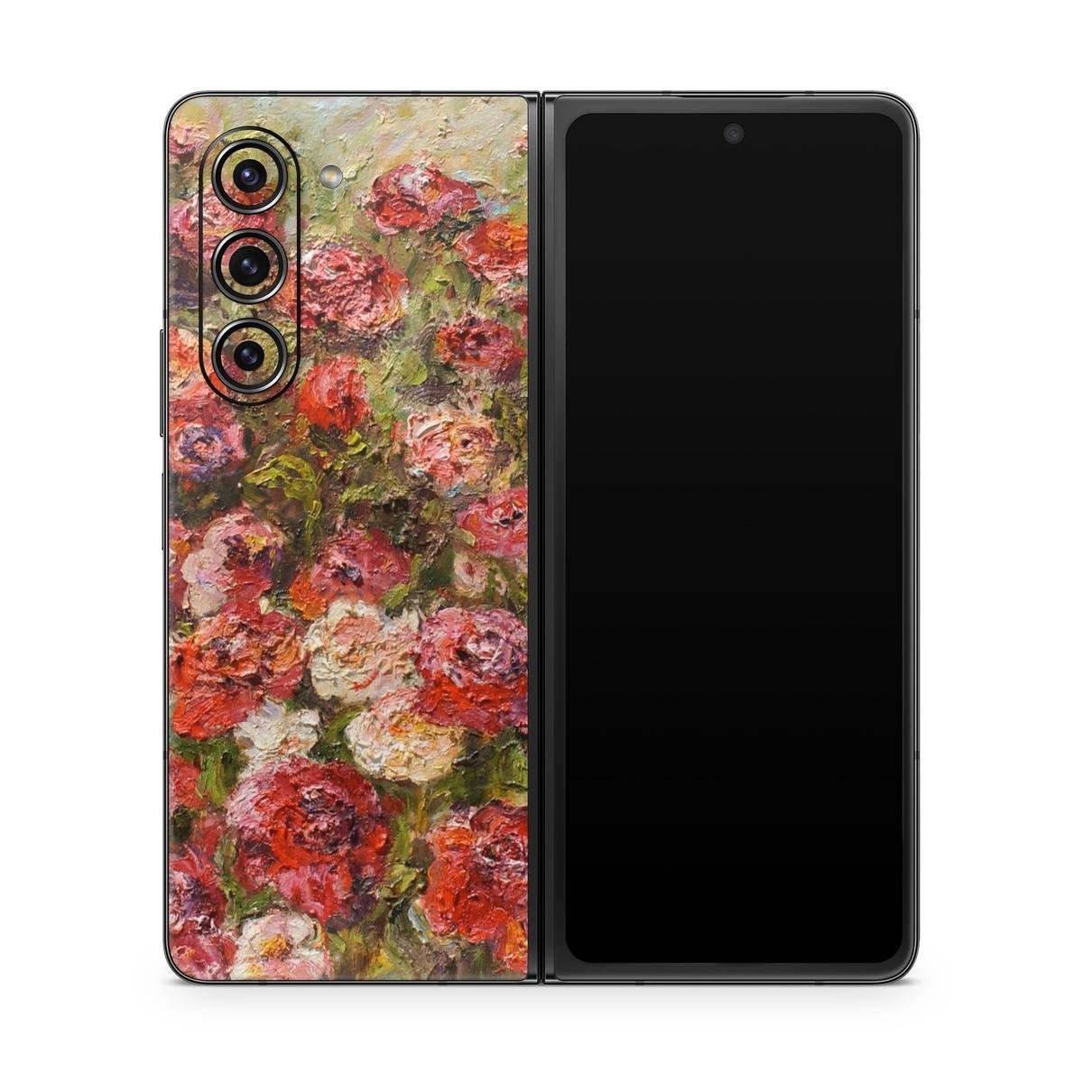 Samsung Galaxy Z Fold5 Skin design of Flower, Garden roses, Rose, Plant, Floribunda, Flowering plant, Rosa × centifolia, Rose family, Botany, Petal, with red, black, green, gray colors