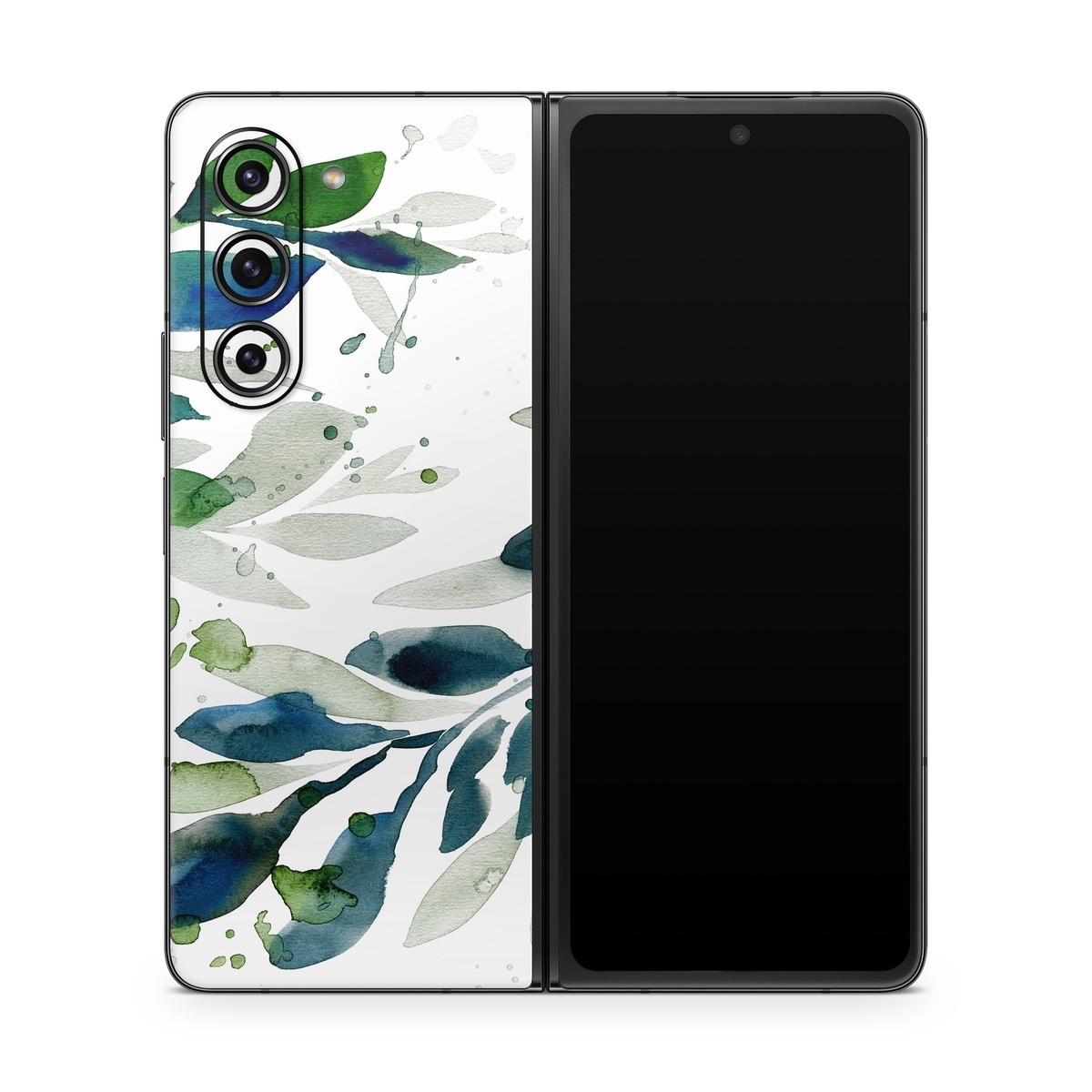 Samsung Galaxy Z Fold5 Skin design of Leaf, Branch, Plant, Tree, Botany, Flower, Design, Eucalyptus, Pattern, Watercolor paint, with white, blue, green, gray colors