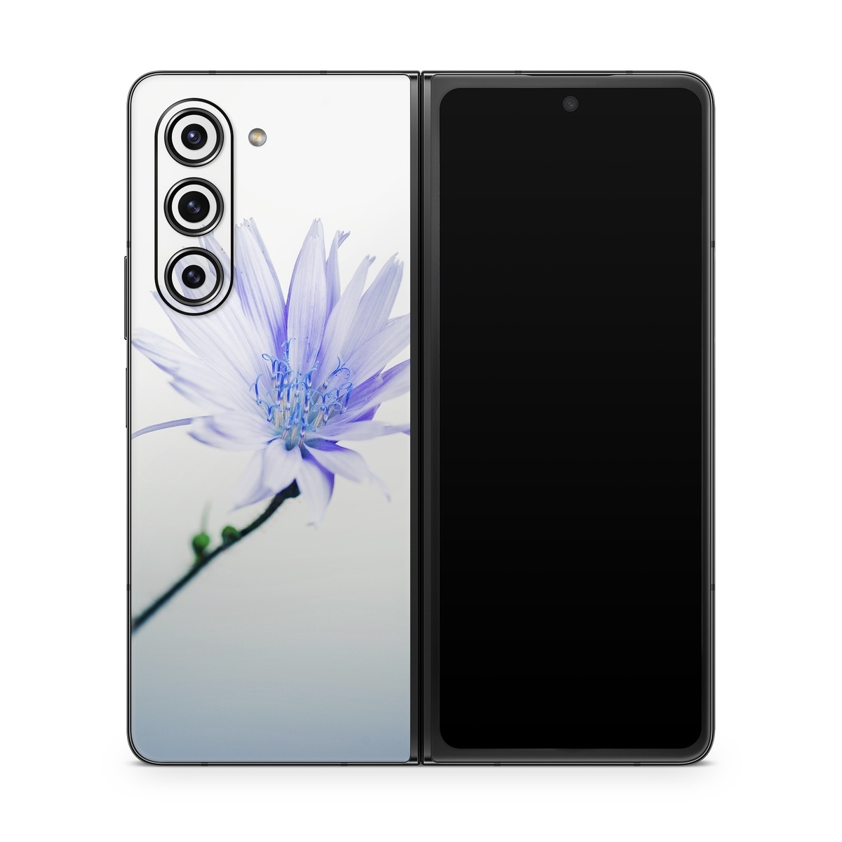 Samsung Galaxy Z Fold5 Skin design of Blue, Flower, Plant, Petal, Close-up, Macro photography, Flowering plant, Herbaceous plant, Wildflower, Photography, with gray, white, yellow colors