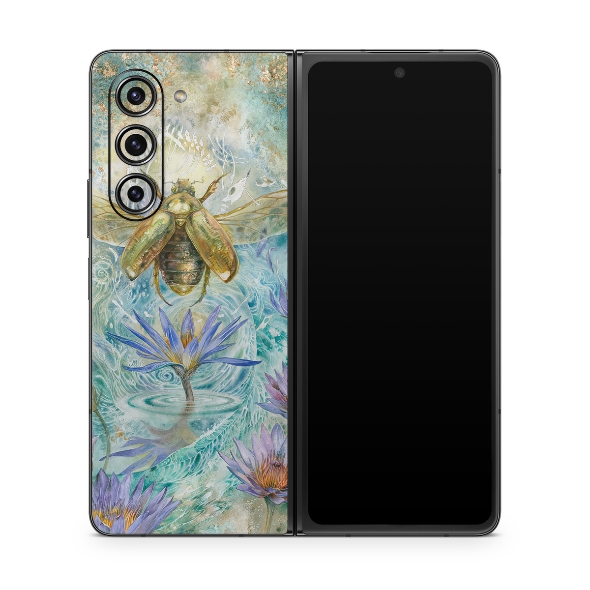 Samsung Galaxy Z Fold5 Skin design of Painting, Fictional character, Art, Flower, Watercolor paint, Plant, Wildflower, Angel, Honeybee, Mythology, with blue, yellow, brown, purple, red, white colors