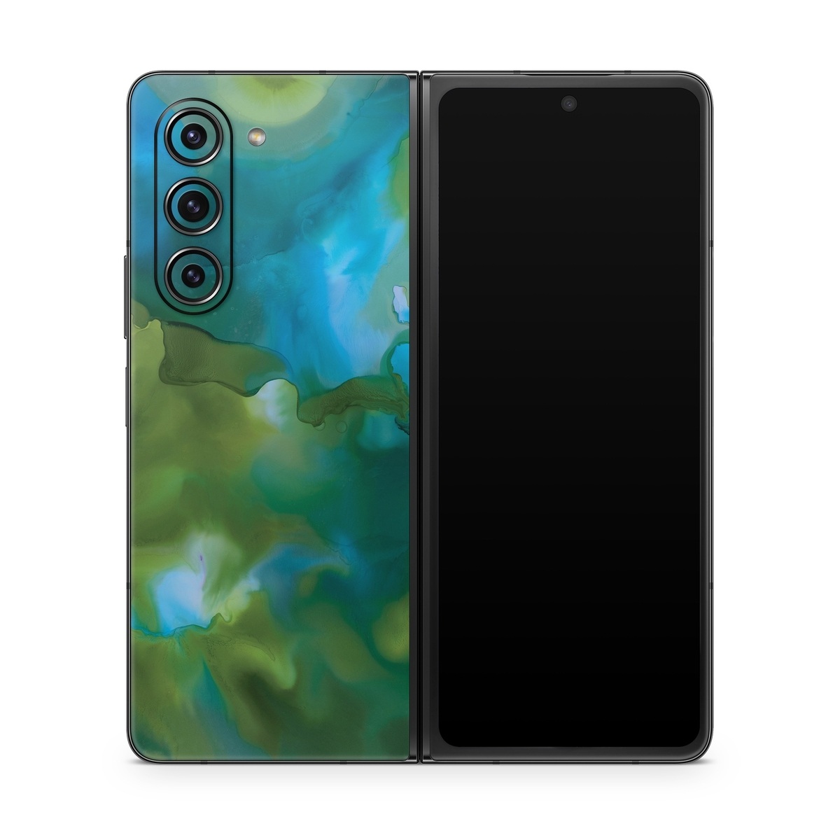 Samsung Galaxy Z Fold5 Skin design of Aqua, Blue, Green, Painting, Turquoise, Teal, Water, Acrylic paint, Art, Organism, with blue, green colors