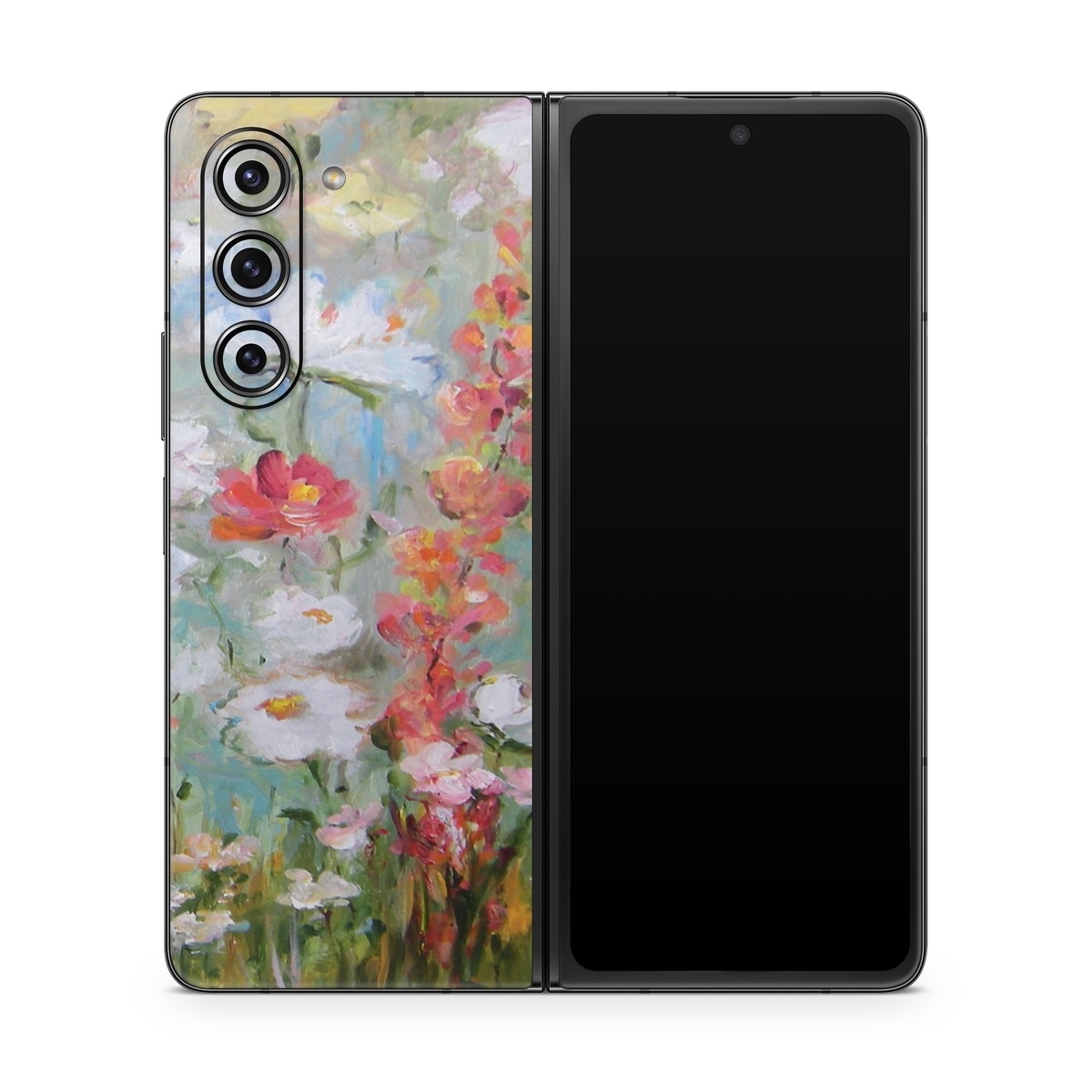 Samsung Galaxy Z Fold5 Skin design of Flower, Painting, Watercolor paint, Plant, Modern art, Wildflower, Botany, Meadow, Acrylic paint, Flowering plant, with gray, black, green, red, blue colors