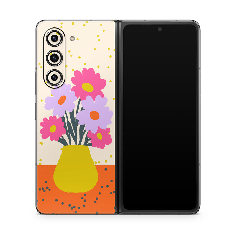 Samsung Galaxy Z Fold5 Skin design of Flower, Plant, Vase, Flowerpot, Petal, Happy, People in nature, Liquid, Font, Art, with white, orange, pink, purple, yellow colors