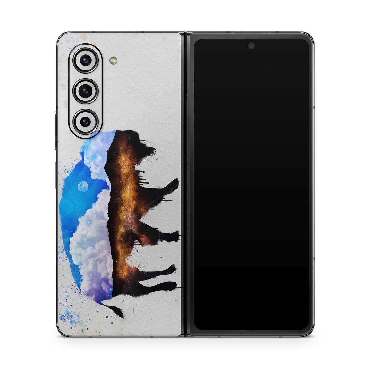 Samsung Galaxy Z Fold5 Skin design of Watercolor paint, Illustration, Art, Water, Painting, Sky, Paint, Acrylic paint, Drawing, Visual arts, with gray, blue, white, black, yellow, orange colors