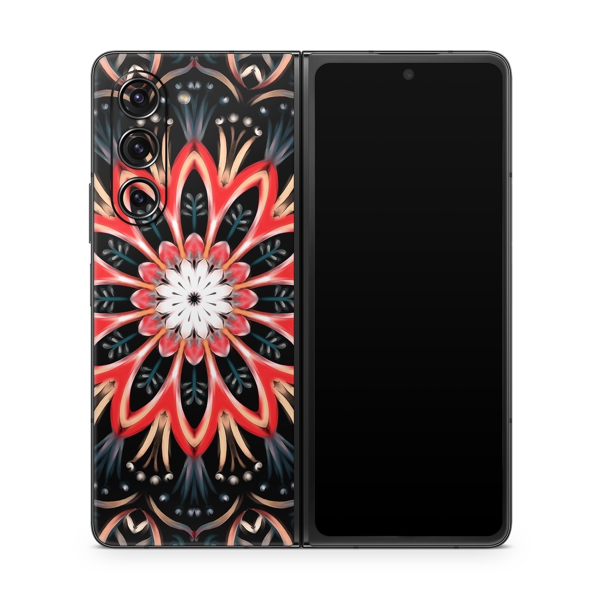 Samsung Galaxy Z Fold5 Skin design of Pattern, Psychedelic art, Symmetry, Design, Art, Visual arts, Textile, Kaleidoscope, Fractal art, Ornament, with black, red, white, blue, yellow, orange colors