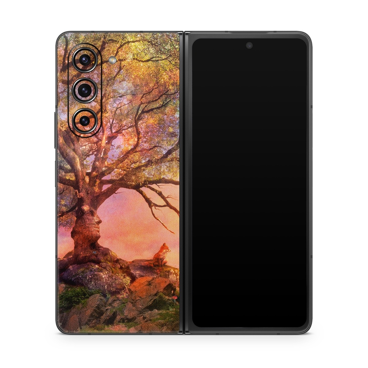 Samsung Galaxy Z Fold5 Skin design of Nature, Tree, Sky, Natural landscape, Branch, Leaf, Woody plant, Trunk, Landscape, Plant, with pink, red, black, green, gray, orange colors