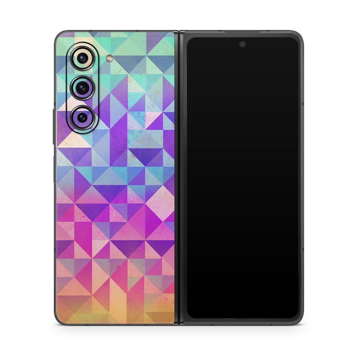 Samsung Galaxy Z Fold5 Skin design of Pattern, Purple, Triangle, Violet, Magenta, Line, Design, Symmetry, Psychedelic art, with gray, purple, green, blue, pink colors