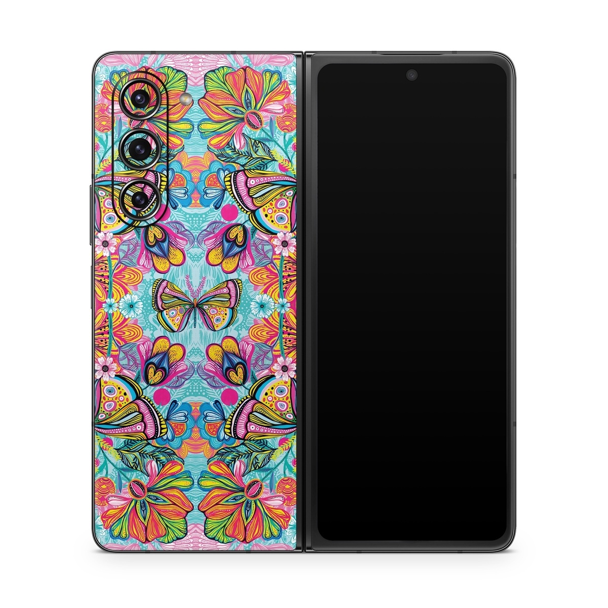 Samsung Galaxy Z Fold5 Skin design of Pattern, Design, Textile, Psychedelic art, Visual arts, Symmetry, Art, Motif, with blue, pink, green, yellow, orange, purple colors