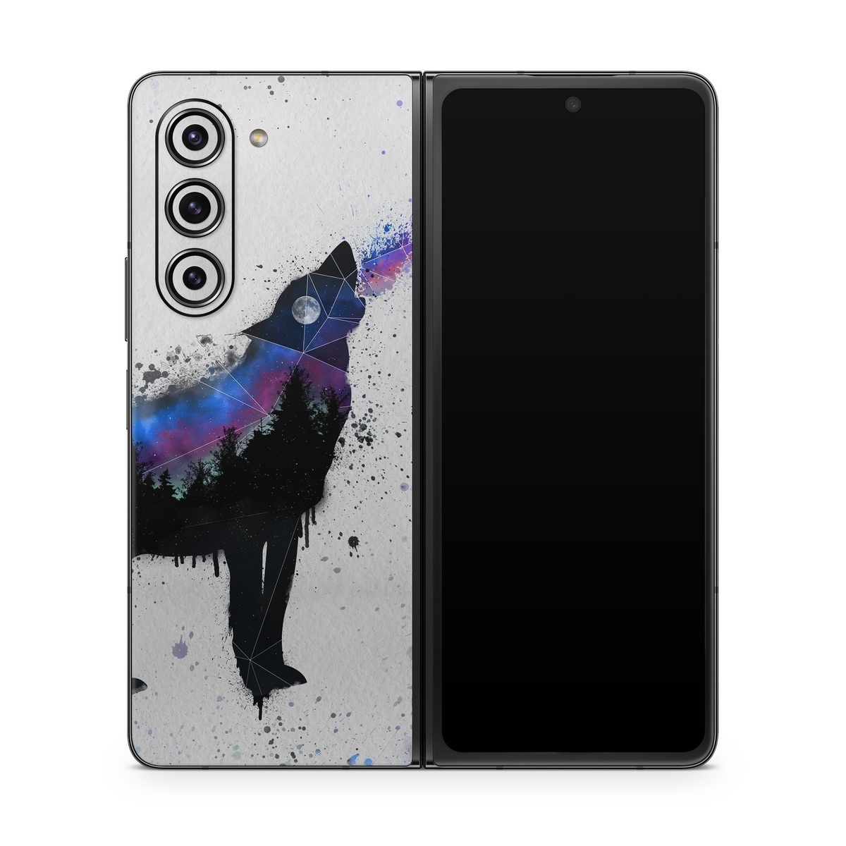 Samsung Galaxy Z Fold5 Skin design of Canidae, Art, Illustration, Watercolor paint, Dog, Graphic design, Street art, Acrylic paint, Painting, Visual arts, with gray, white, blue, black, green, purple colors