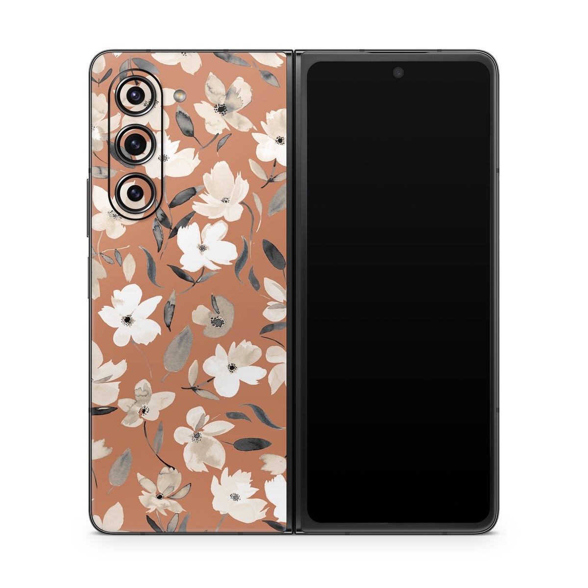 Samsung Galaxy Z Fold5 Skin design of Flower, Plant, Textile, Botany, Petal, Gesture, Line, Font, Groundcover, Art, with brown, white, gray, black colors