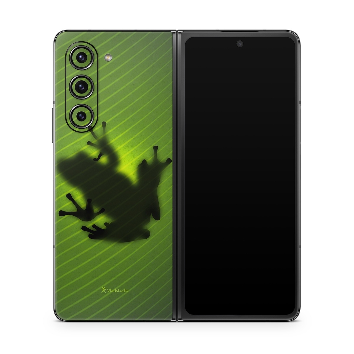 Samsung Galaxy Z Fold5 Skin design of Green, Frog, Tree frog, Amphibian, Shadow, Silhouette, Macro photography, Illustration, with green, black colors