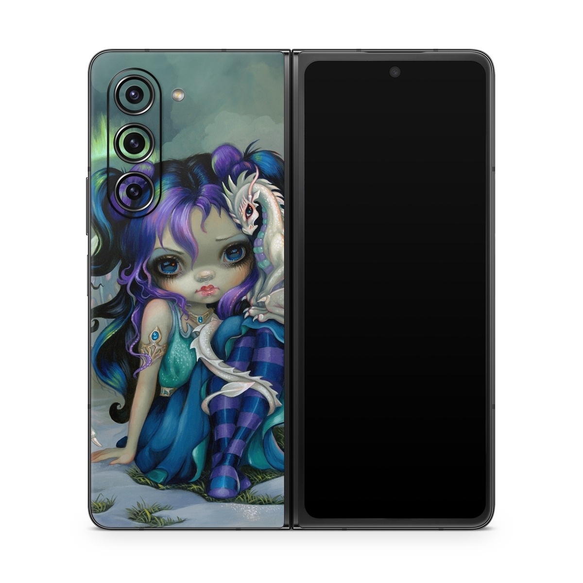 Samsung Galaxy Z Fold5 Skin design of Illustration, Fictional character, Cg artwork, Art, Mythology, Anime, Mythical creature, with green, blue, purple, yellow, red, white colors