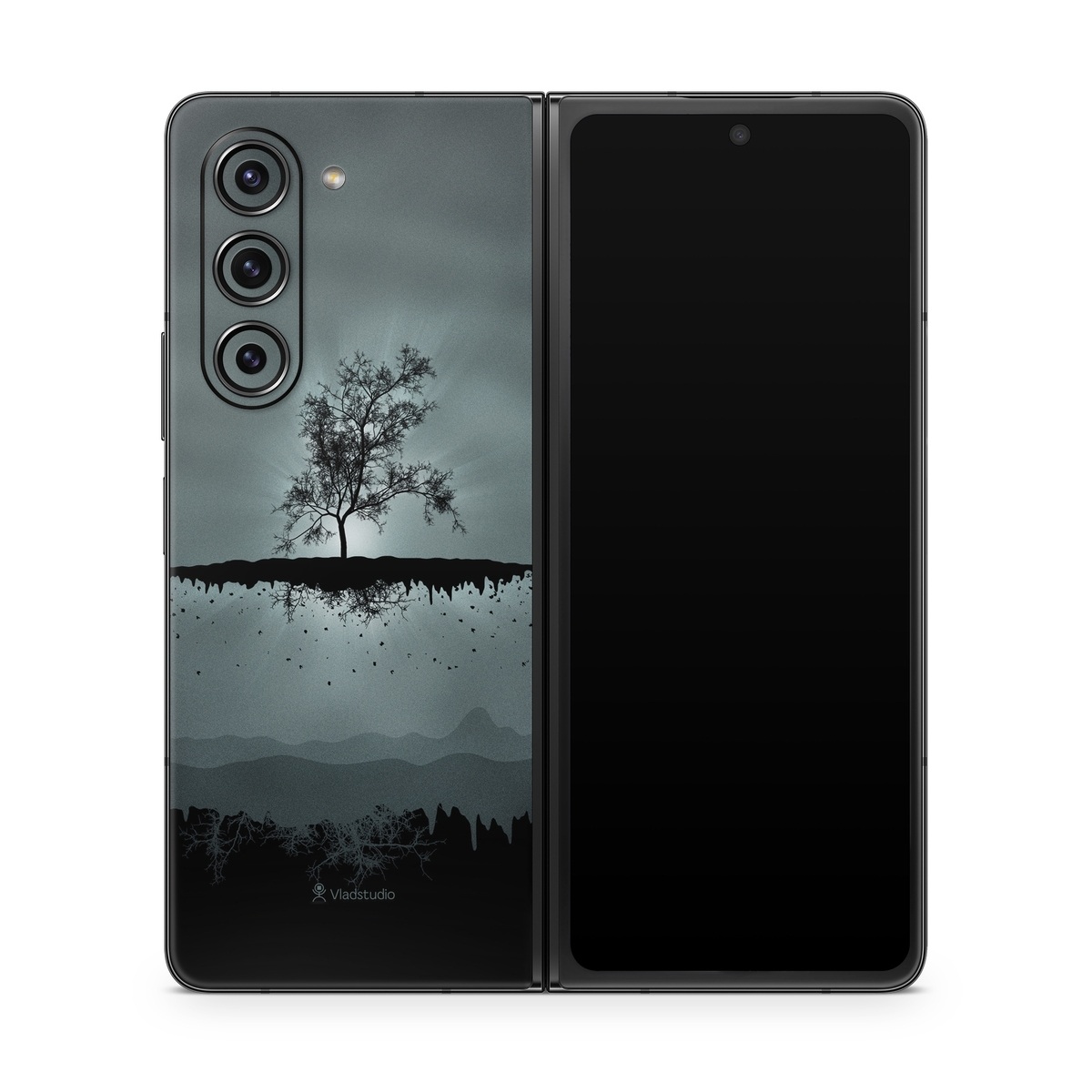 Samsung Galaxy Z Fold5 Skin design of Reflection, Sky, Nature, Water, Black, Tree, Black-and-white, Monochrome photography, Natural landscape, Atmospheric phenomenon, with black, gray, blue colors