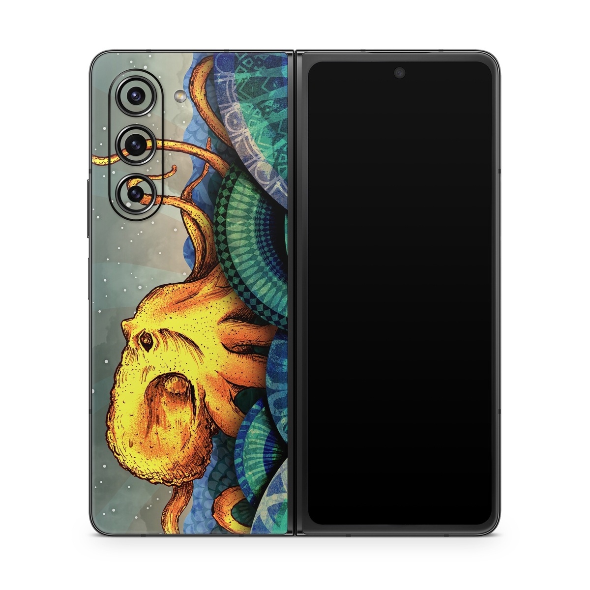 Samsung Galaxy Z Fold5 Skin design of Illustration, Fractal art, Art, Cg artwork, Sky, Organism, Psychedelic art, Graphic design, Graphics, Octopus, with black, gray, blue, green, red colors