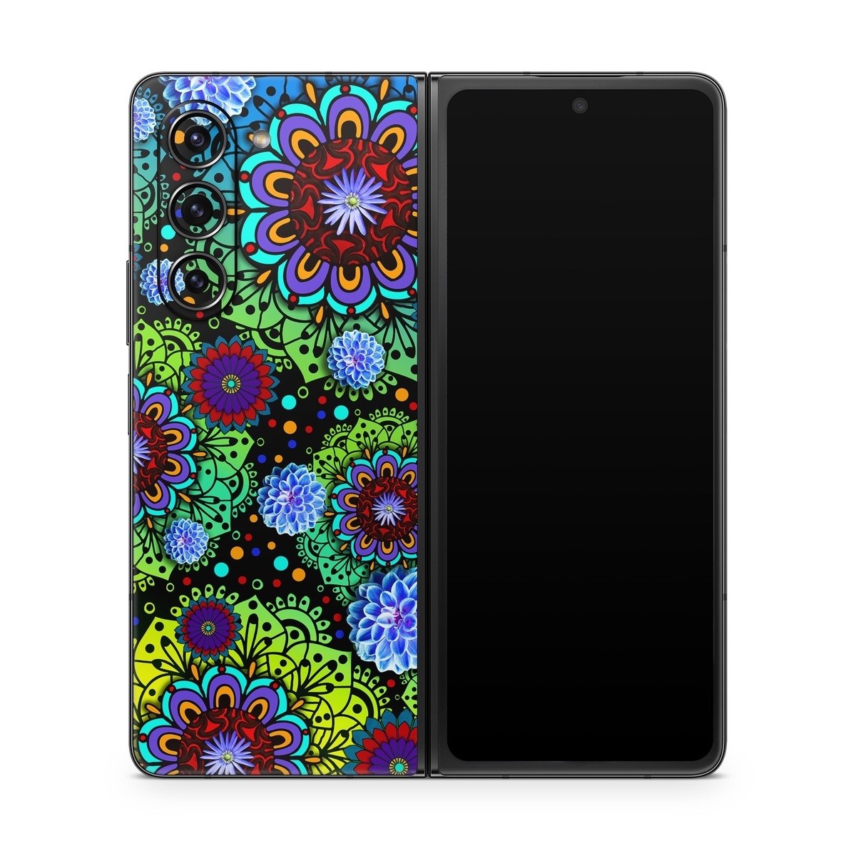 Samsung Galaxy Z Fold5 Skin design of Pattern, Psychedelic art, Design, Flower, Art, Visual arts, Floral design, Plant, Textile, Symmetry, with black, blue, green, purple colors