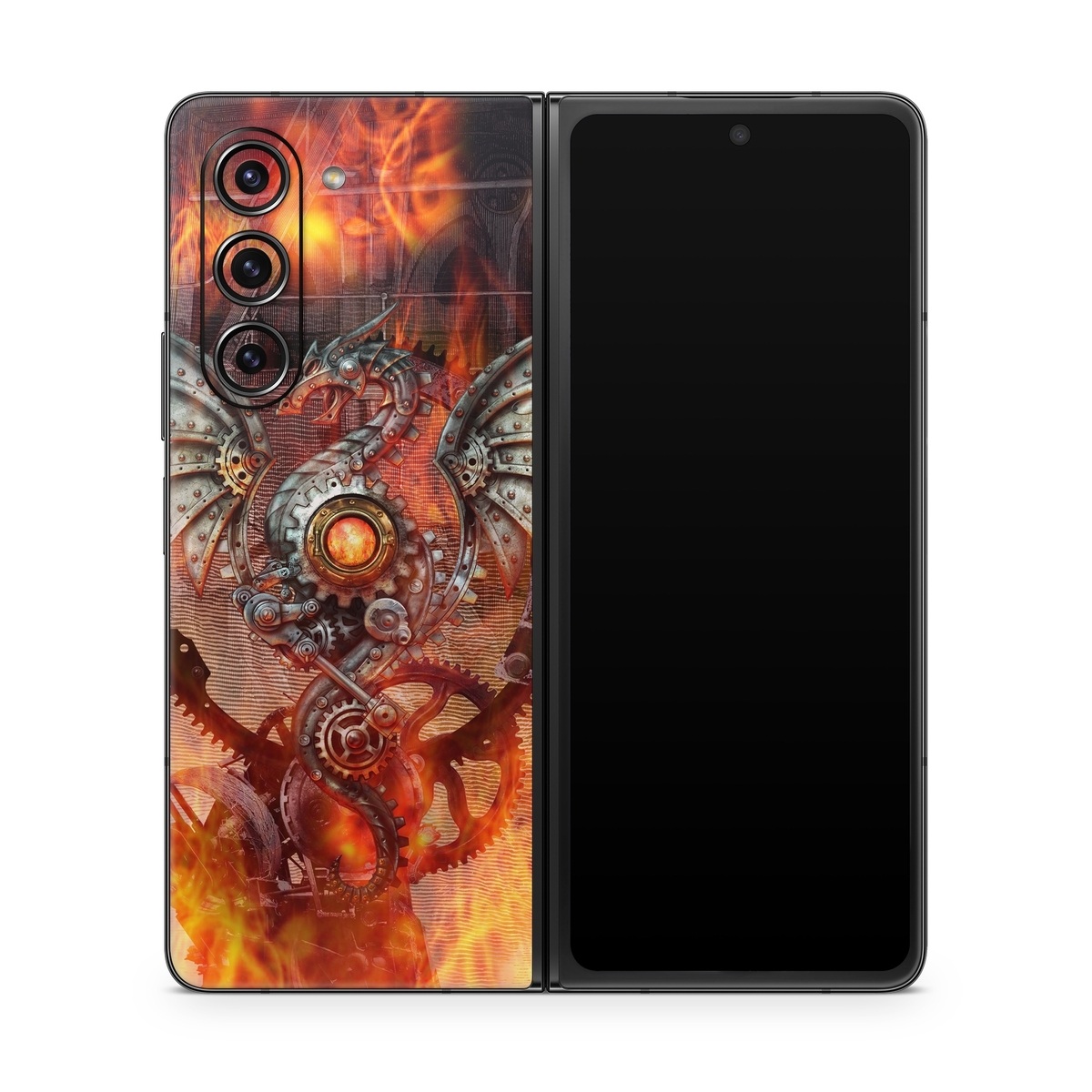 Samsung Galaxy Z Fold5 Skin design of Dragon, Demon, Cg artwork, Illustration, Fictional character, Fractal art, Flame, Art, Mythology, Supernatural creature, with red, black, orange, pink, green colors