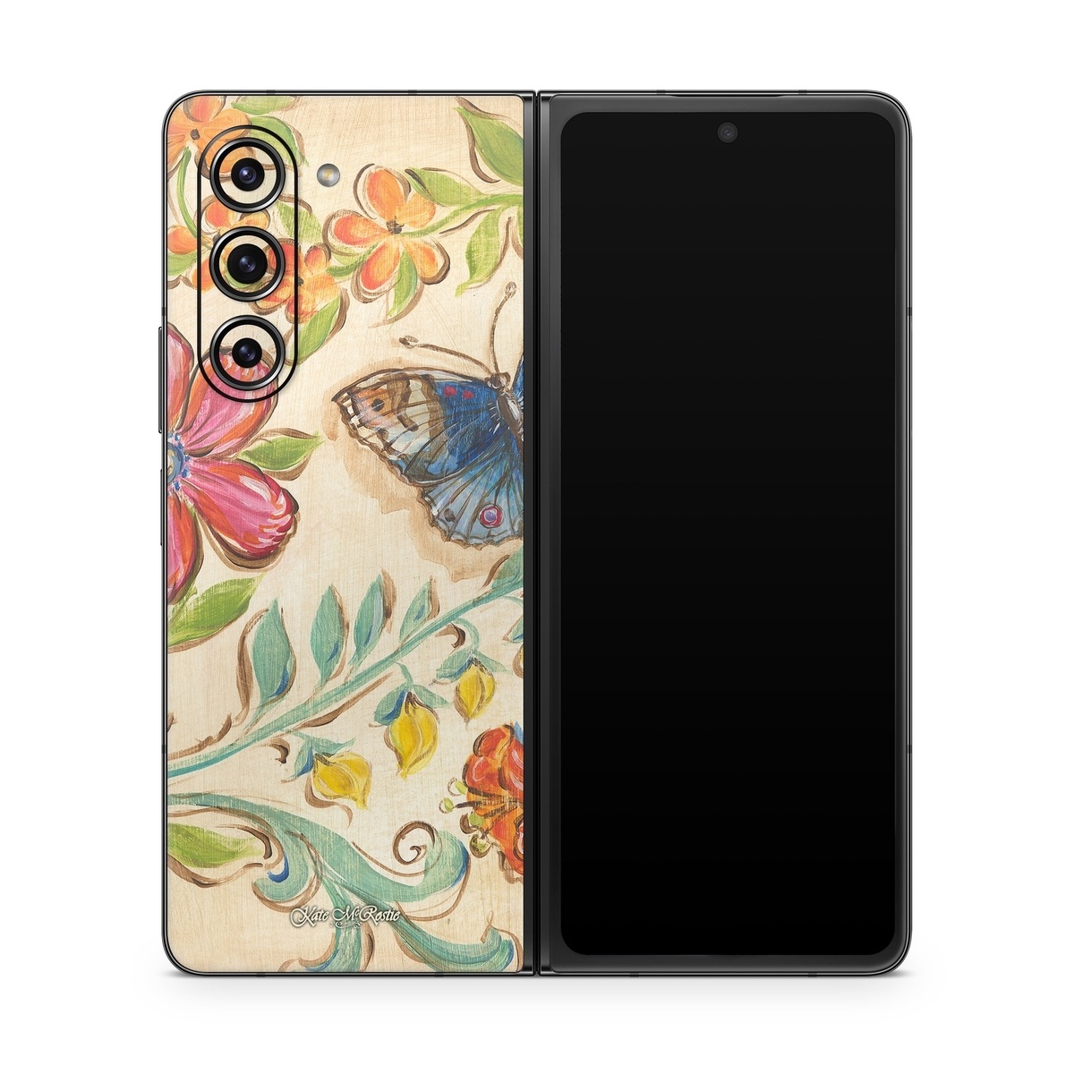 Samsung Galaxy Z Fold5 Skin design of Butterfly, Moths and butterflies, Insect, Pollinator, Plant, Pattern, Watercolor paint, Wildflower, Visual arts, Brush-footed butterfly, with gray, pink, green, red, orange, blue colors