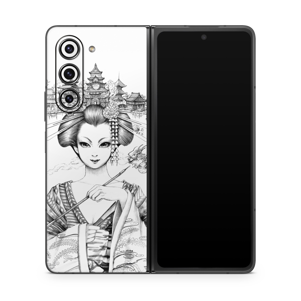 Samsung Galaxy Z Fold5 Skin design of Illustration, Head, Hairstyle, Line art, Art, Fashion illustration, Drawing, Coloring book, Black-and-white, Clip art, with black, white, gray colors
