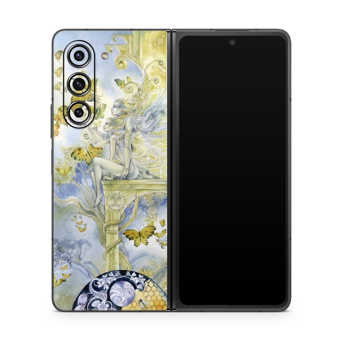 Samsung Galaxy Z Fold5 Skin design of Illustration, Watercolor paint, Art, Painting, Plant, with gray, green, yellow, purple, black colors