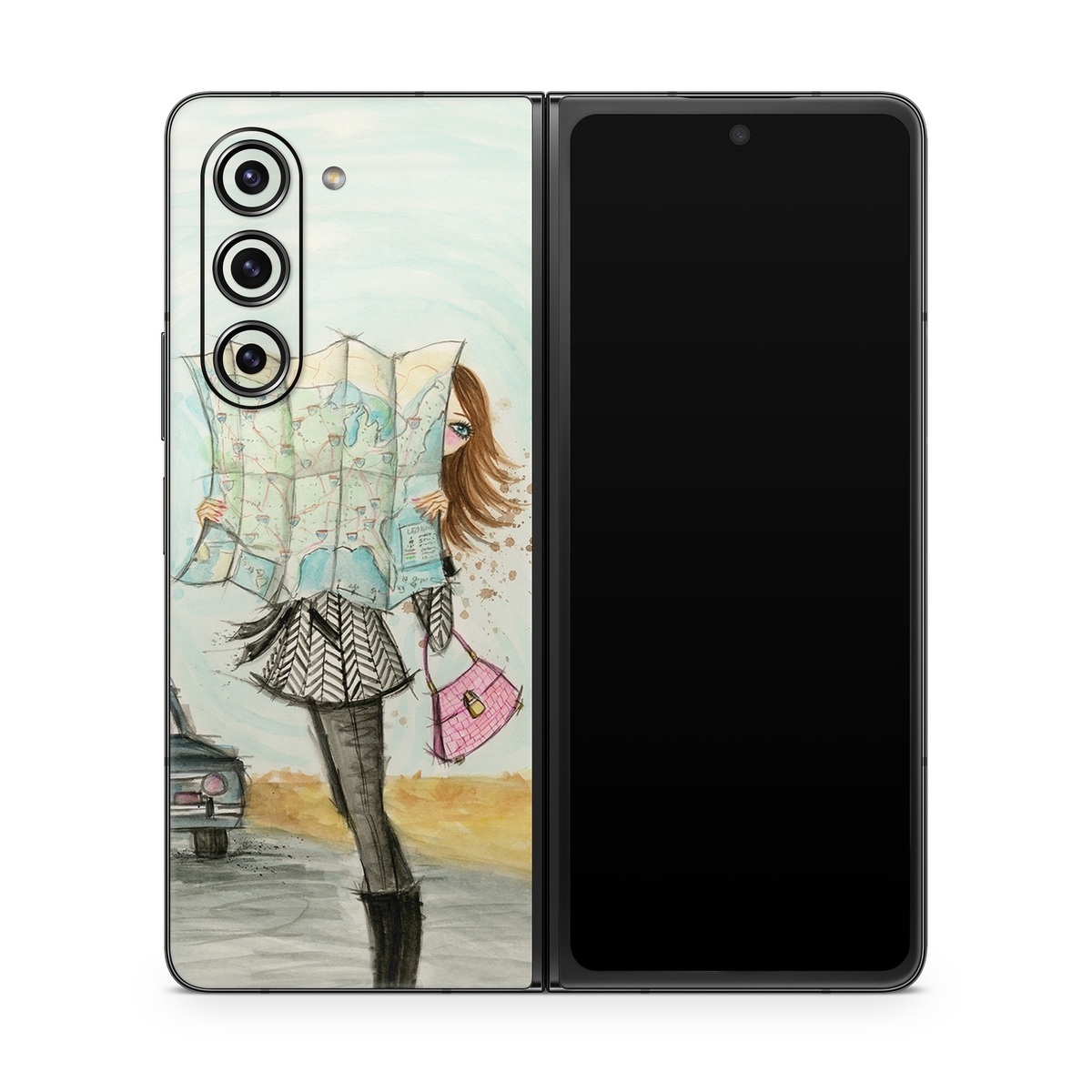 Samsung Galaxy Z Fold5 Skin design of Fashion illustration, Sketch, Watercolor paint, Illustration, Drawing, Art, Footwear, Vehicle, Painting, Fashion design, with blue, black, gray, white, pink, brown, green, orange, yellow colors
