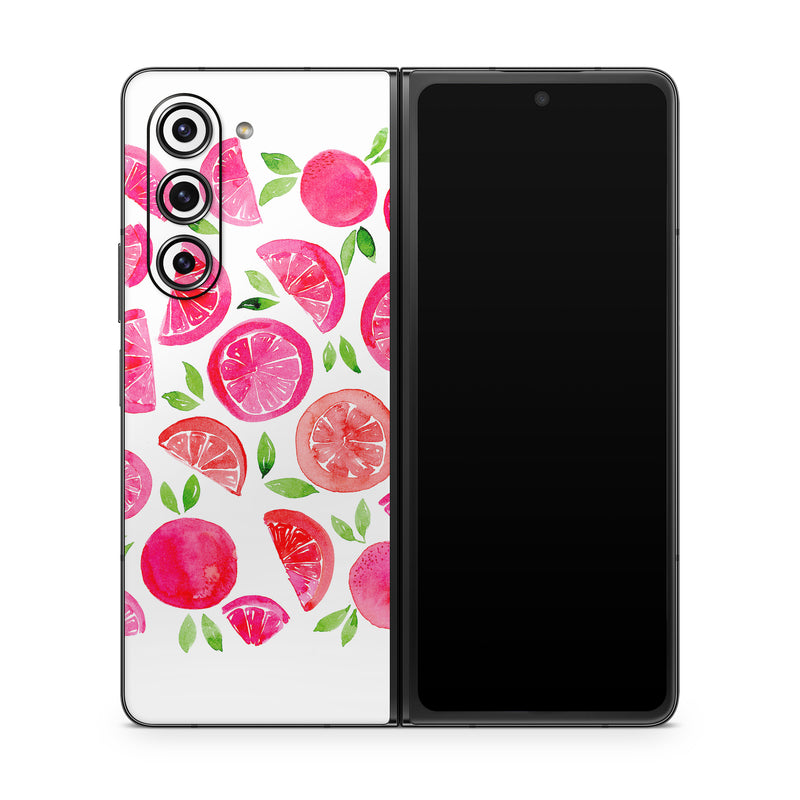 Samsung Galaxy Z Fold5 Skin design of Food, Plant, Fruit, Botany, Natural foods, Seedless fruit, Ingredient, Red, Font, Citrus, with pink, green, red, white colors