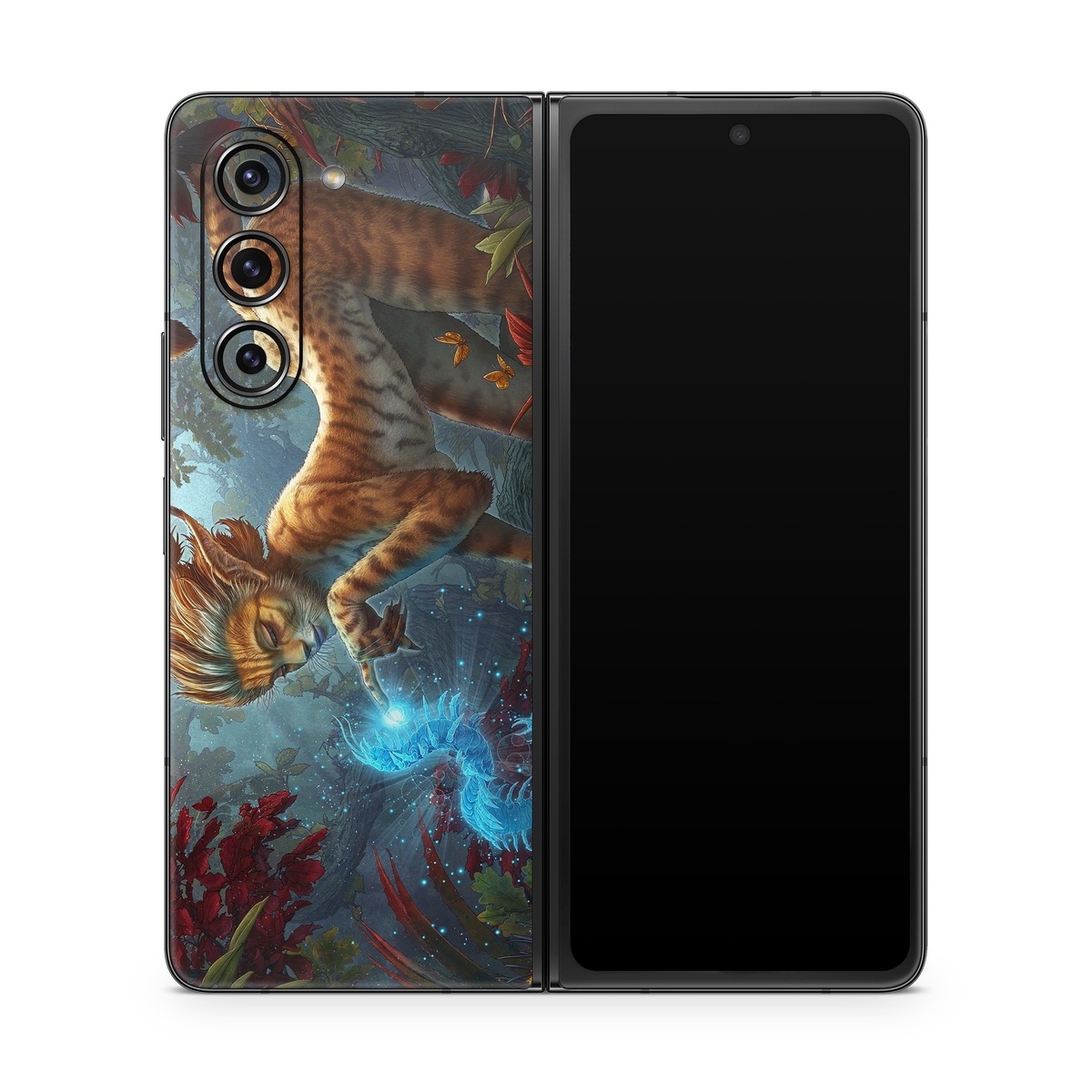 Samsung Galaxy Z Fold5 Skin design of Fictional character, Mythology, Illustration, Cg artwork, Sky, Organism, Dragon, Felidae, Mythical creature, Art, with yellow, red, black, green, blue colors