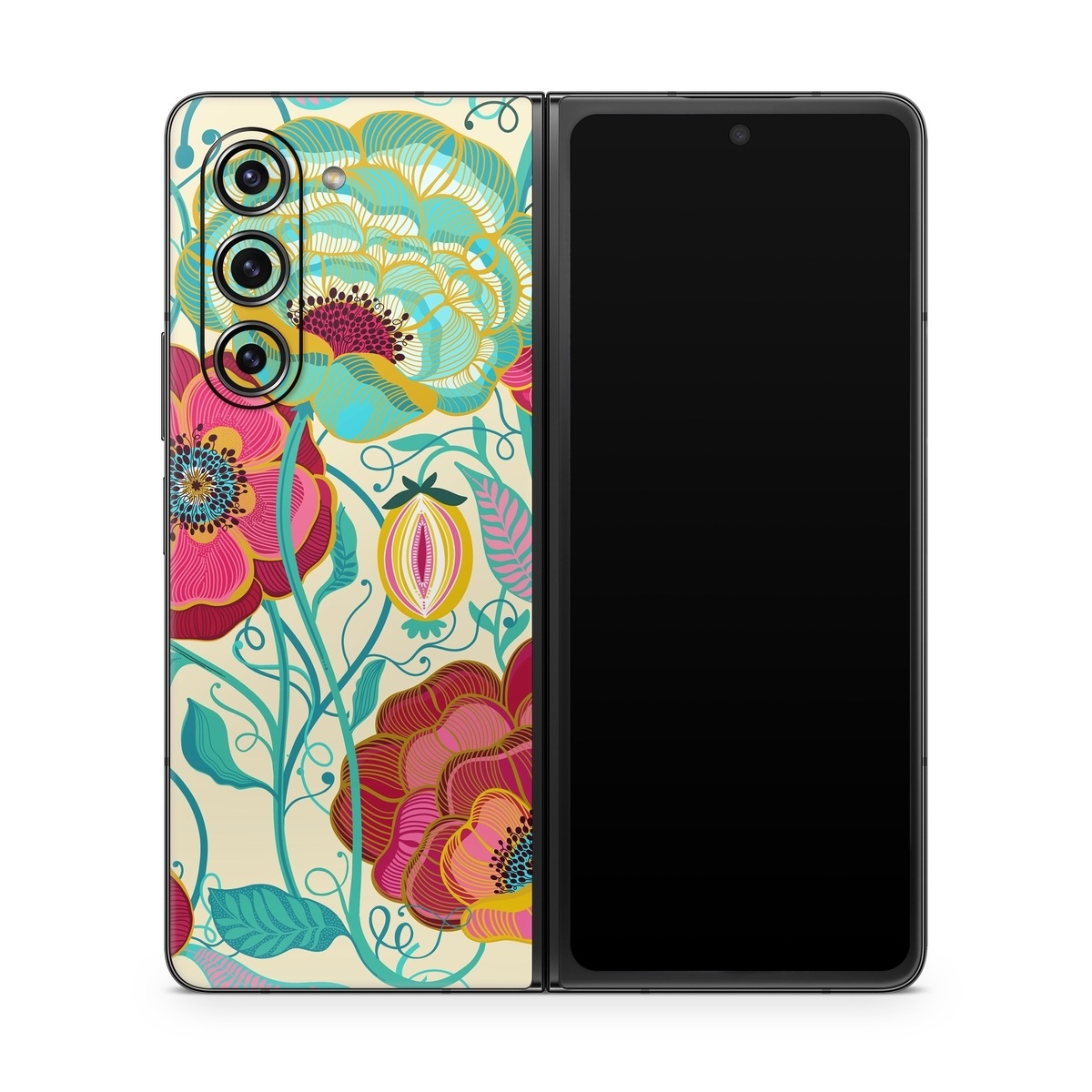 Samsung Galaxy Z Fold5 Skin design of Plant, Botany, Textile, Pink, Creative arts, Petal, Magenta, Art, Pattern, Rectangle, with white, red, pink, yellow, green, blue, black colors