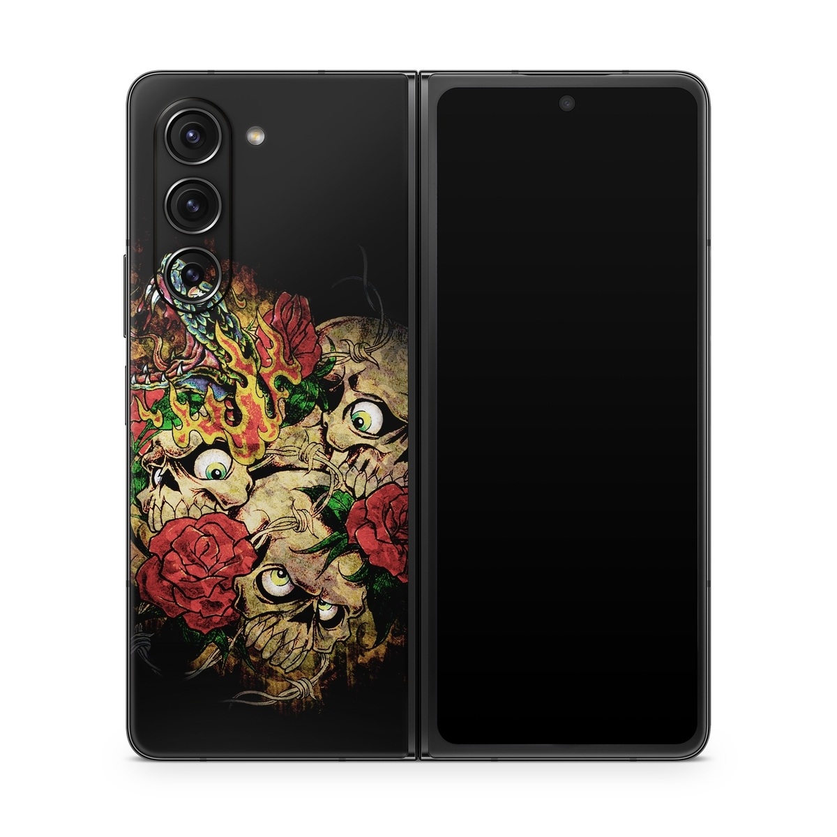 Samsung Galaxy Z Fold5 Skin design of Illustration, Bouquet, Art, Skull, Plant, Rose, Flower, Graphic design, Fictional character, Floral design, with black, red, green, gray colors