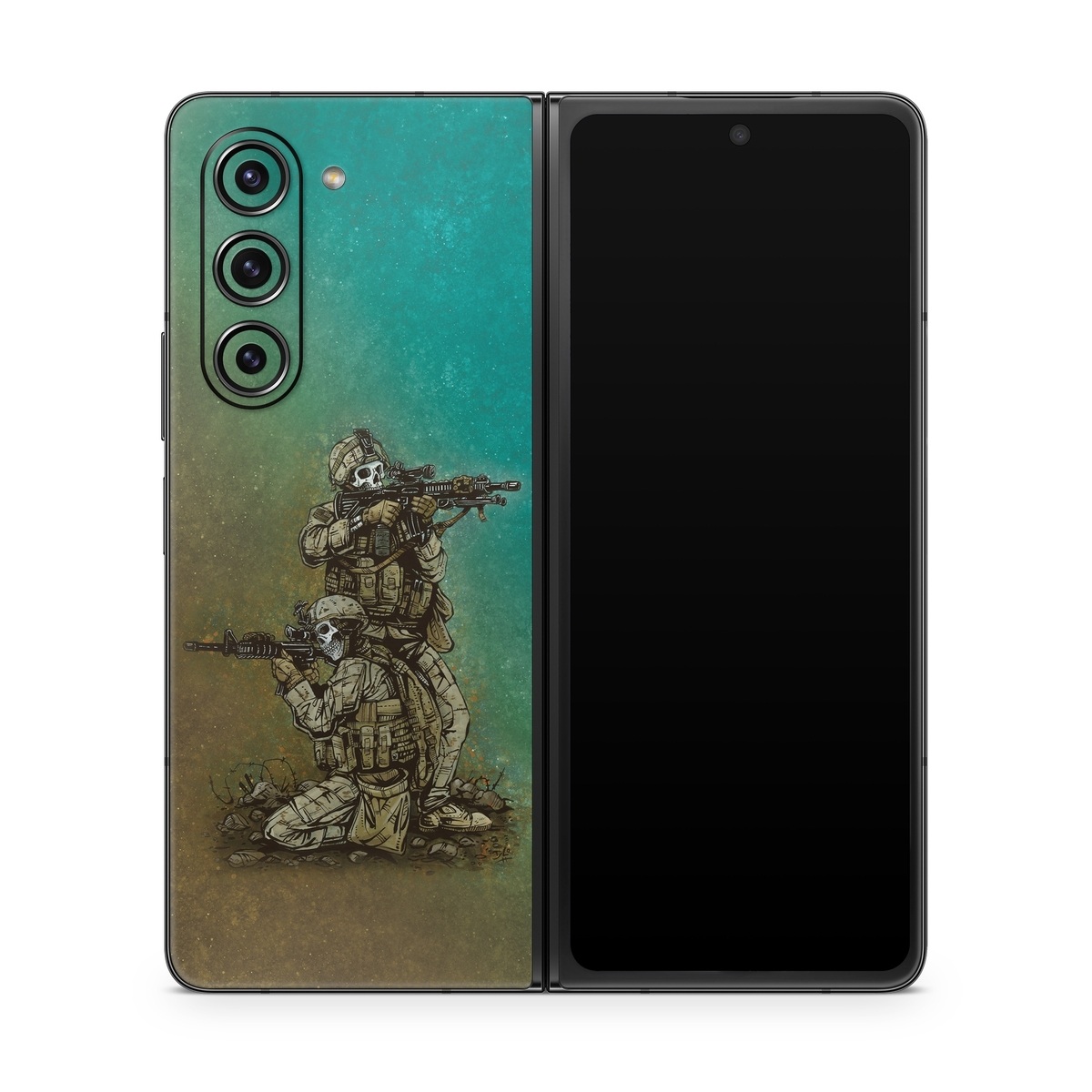 Samsung Galaxy Z Fold5 Skin design of Art, Sculpture, Landscape, Illustration, Visual arts, Wood, Drawing, Fictional character, Soil, Circle, with blue, green, white, gray, brown colors