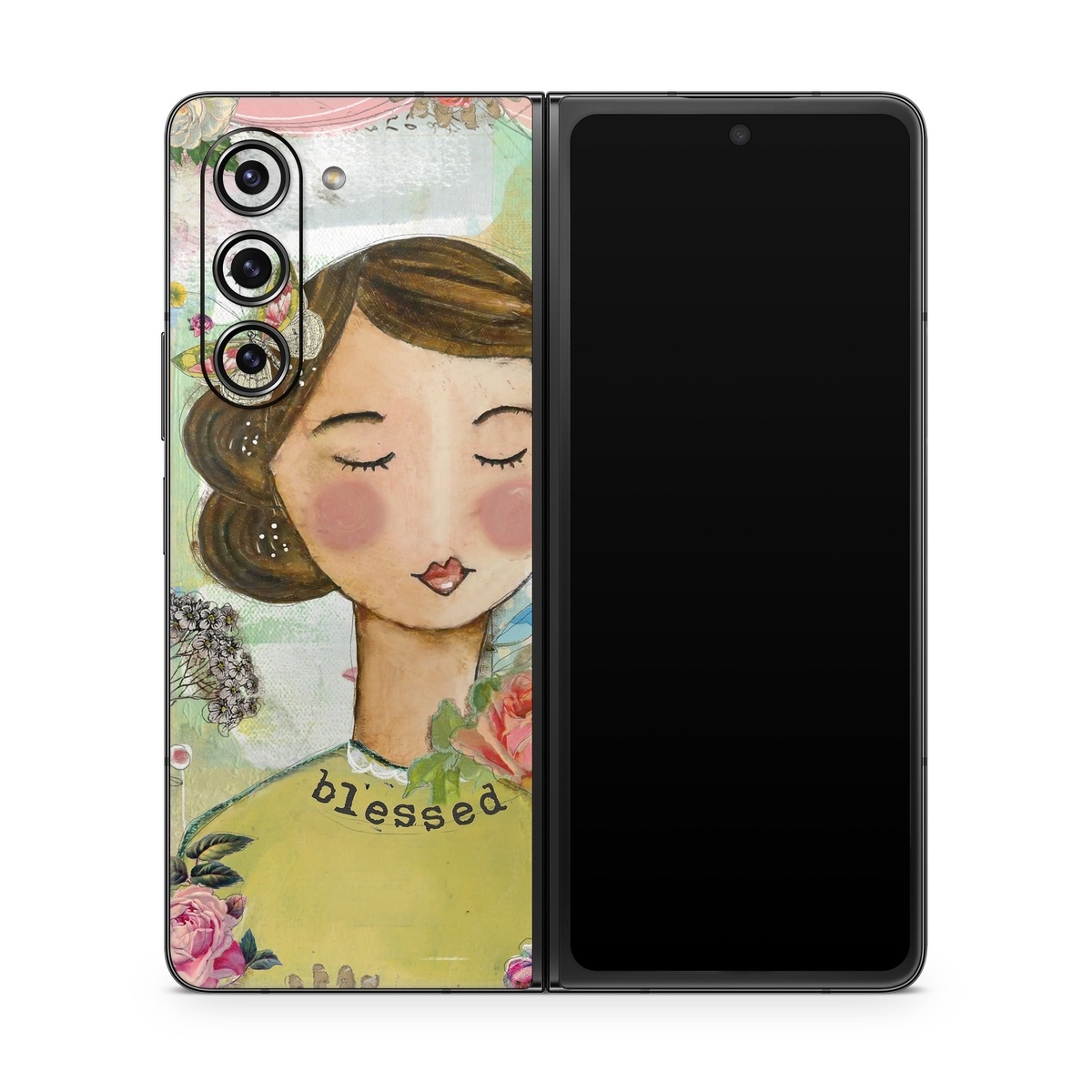 Samsung Galaxy Z Fold5 Skin design of Illustration, Cheek, Art, Watercolor paint, Retro style, Painting, Plant, Flower, Fashion illustration, Fictional character, with pink, green, yellow, white, red, blue colors